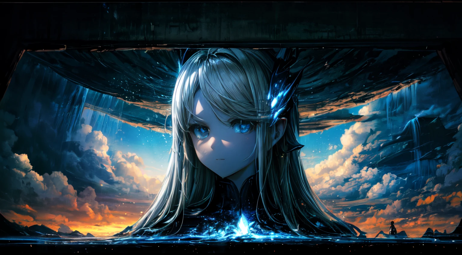 A double exposure portrait combining humans carved from the cloud and a waterfall, an inner savanna landscape featuring a hero, reflected On the light surface below, the color scheme centers on black, white, gold against a deep black background, chiaroscuro enhances the sense of detailed complicated, in digital rendering.