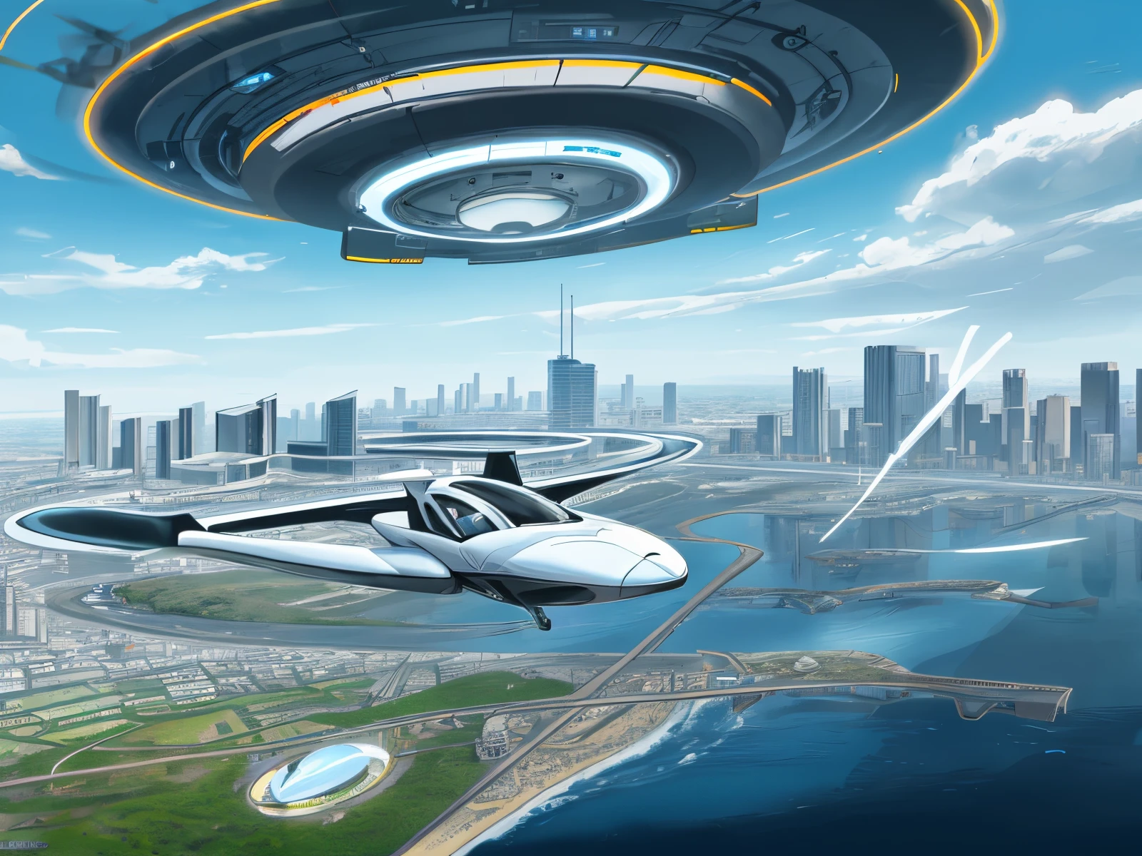 Flying taxi in future mega city in a long shot view picture