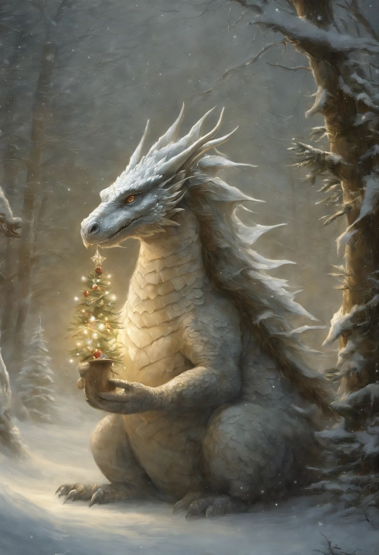 真实感, dark fantasy style, John Tolkien style, Small painting by Jean-Baptiste Monge, the dragon hugs the Christmas tree with its tail, winter, Snow is falling, huge christmas tree, a huge white dragon hugs a Christmas tree, large white dragon with golden crest, anatomically correctly drawn body, Looks like an ancient dragon, Santa Claus near the Christmas tree, The city, megalopolis, city trail, Big Christmas tree, glass skyscraper, Jean-Baptiste Monge, anthropomorphic --ar 2:3 --testp -optimistic;