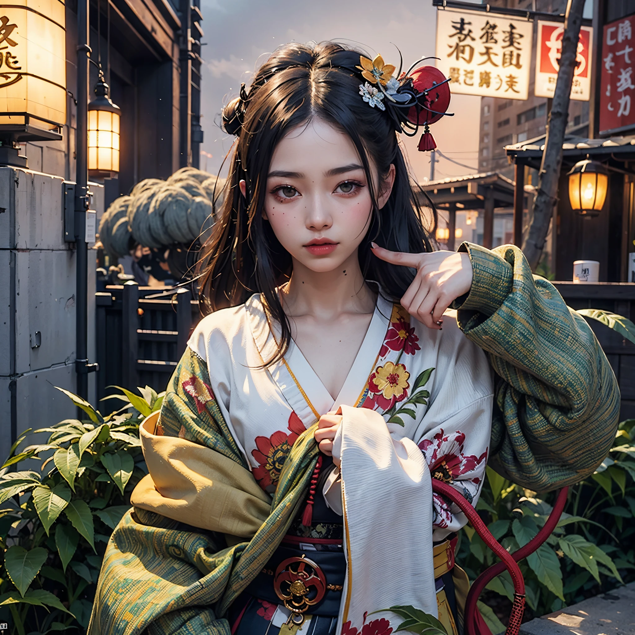 Makashi kimono、ganja、geisha、smokeing、10 people、Inhale smoke、cyberpunked、mid night、Landscape ratio image、Background through、Hemp leaf hair ornament、scenic、History、dark、optic
