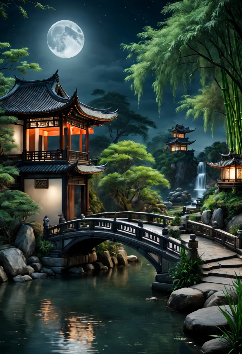 (best quality,4k,8k,highres,masterpiece:1.2),ultra-detailed,(realistic,photorealistic,photo-realistic:1.37),outdoor landscape,dark night,moon,ancient Chinese architecture,garden,bamboo,lake,stone bridge,pavilion,corner,trees,flowing water,waterfall,grass,rocks,vines around,trees.