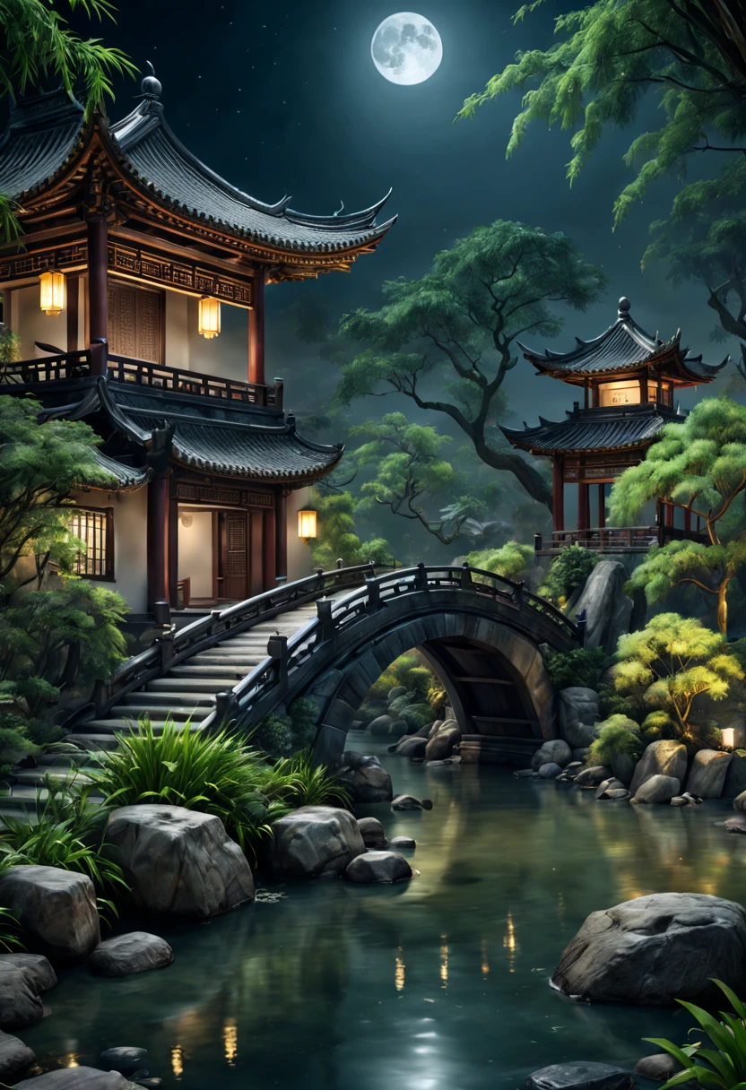 (best quality,4k,8k,highres,masterpiece:1.2),ultra-detailed,(realistic,photorealistic,photo-realistic:1.37),outdoor landscape,dark night,moon,ancient Chinese architecture,garden,bamboo,lake,stone bridge,pavilion,corner,trees,flowing water,waterfall,grass,rocks,vines around,trees.