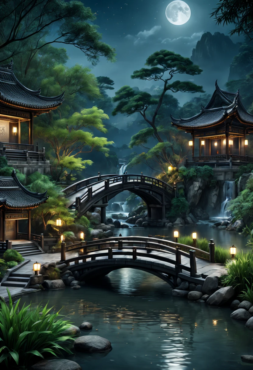 (best quality,4k,8k,highres,masterpiece:1.2),ultra-detailed,(realistic,photorealistic,photo-realistic:1.37),outdoor landscape,dark night,moon,ancient Chinese architecture,garden,bamboo,lake,stone bridge,pavilion,corner,trees,flowing water,waterfall,grass,rocks,vines around,trees.