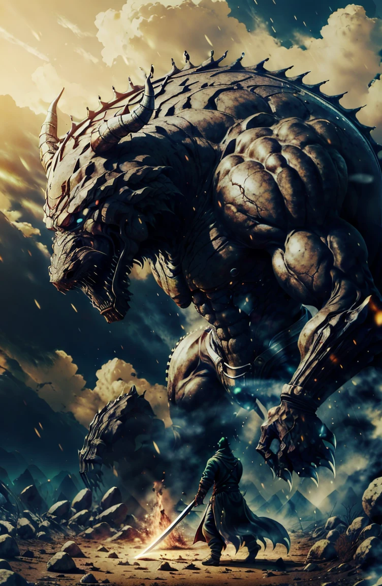 Um guerreiro, with a legendary sword, fighting various monsters