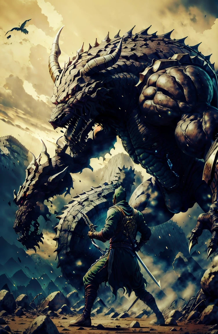 Um guerreiro, with a legendary sword, fighting various monsters