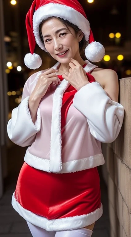 japanese mature, (Solo), 50 years old, (Wrinkles at the corners of the eyes:1.5), Large breasts, A MILF, glamor, A sexy, Chromo-white skin, Looking at Viewer、Super large udder、(((Santa Claus Costume))), (a miniskirt:1.2))、Black pantyhose、high-heels、ssmile、Public places、Christmas tree in the city at night、Prostitutes、