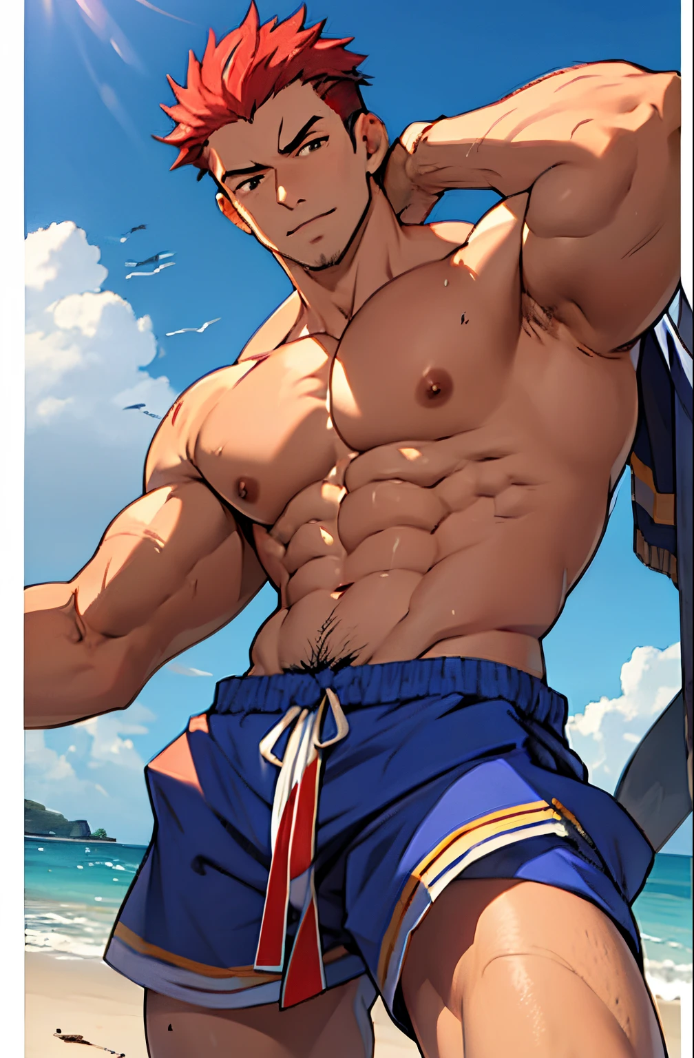 a mais alta qualidade, 8k, image high resolution, Detailed strokes, on a beautiful beach with crystal clear waters ,sentado na areia da praia, muito sol, 夏天 , muito calor, flexing your muscles , pose sexy, adolecente, red hair, sem a camisa   , masculo, Peito inchado  , Suado, vestindo shorts molhados quase transparentes, (angulo de baixo), (angulo perto) , Virilha Saliente, hands touching your crotch, muscular body on display , Espalhe as pernas,  pernas definidas, defined arms, abdome definido, Sem camisa, corpo Suado por causa do calor, lindo corpo musculoso e definido , corpo detalhado
