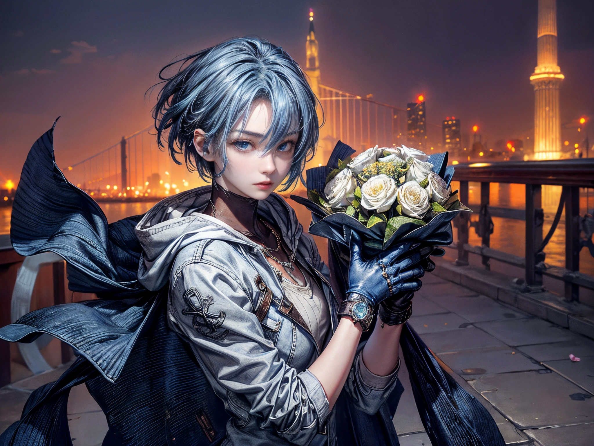 Cinematic lighting、16k picture quality、highlydetailed skin,(1girl in, Solo:1.2)、Best Quality,cyberpunked,(1beautiful woman、Detailed beautiful facial features hair、Blue hair、Medium Hair、short-hair、blue eyess:1.3)Rosary Necklace、BREAK、white down jacket with hood、(holding a bouquet of beautiful flowers:1.5)、Knitted tops., shiny stylish leather gloves、denim distressed jeans, Watches、deep in the night、City lights(A port where you can see a big bridge、highly detailed structure)