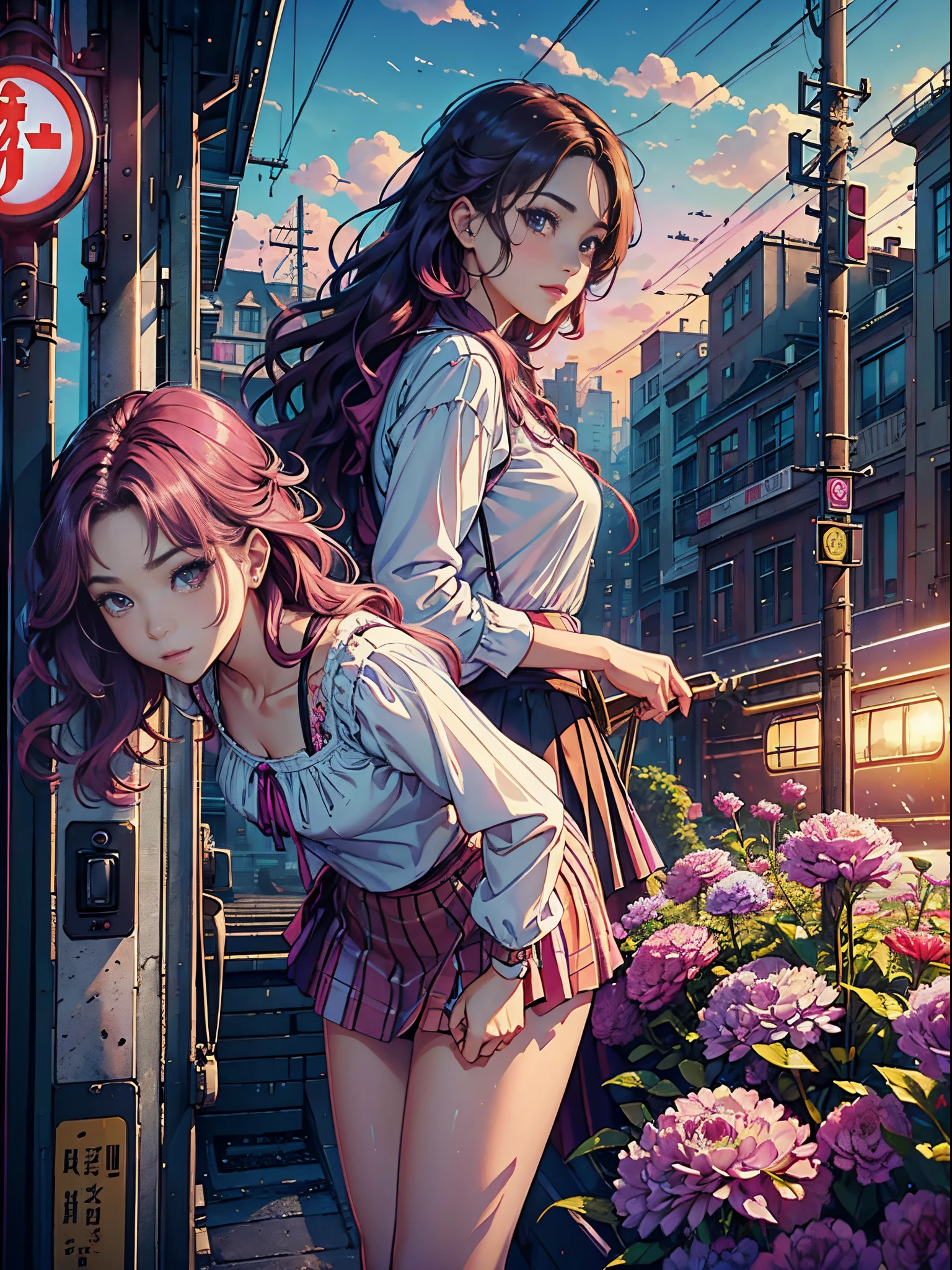 magenta tint、vibrant with colors、((tmasterpiece)))、(((quality)))、((ultra - detailed))、(Surreal)、(Very detailed CG illustration)、offcial art、CD cover、It will be、midsummer、The glorious 1980s、1 Sister,ssmile、cochetti gorgeous、incomparable beauty、long whitr hair,short blouse,Superskirt、perfect angle、Perfectcomposition、corner store,(evening,Train station,trains,Cloud),