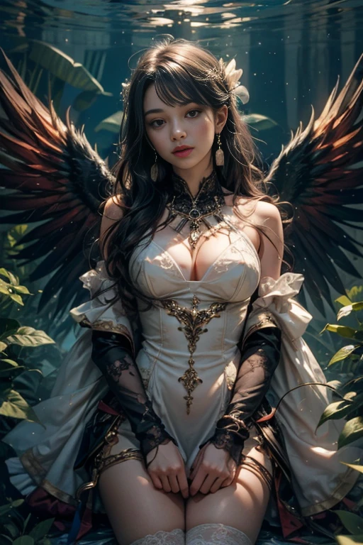 A beautiful girl in her 20s, slim face, big blue eyes, white skin, Carmilla's nightgown. Transparent white satin mini dress, no see-through underwear, revealing round breasts, pink nipples, exposed vulva with silver hairs, delicate yellow embroidered dress with flowing bodice . Neckline, with delicate lace trim. Fit and boned, to highlight the waist. High slit short dress. Sheer long sleeves with lace cuffs. Black necklace with silver pendant. Black opera gloves. Silver earrings with dangling chains.