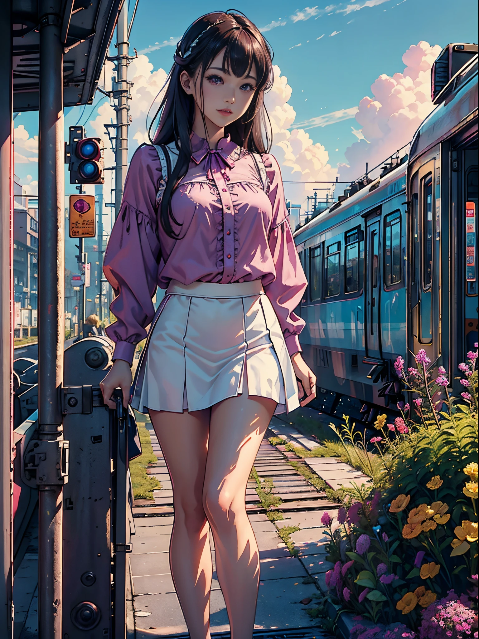 magenta tint、vibrant with colors、((tmasterpiece)))、(((quality)))、((ultra - detailed))、(Surreal)、(Very detailed CG illustration)、offcial art、CD cover、It will be、midsummer、The glorious 1980s、1 Sister,ssmile、cochetti gorgeous、incomparable beauty、long whitr hair,short blouse,Superskirt、perfect angle、Perfectcomposition、corner store,(evening,Train station,trains,Cloud),