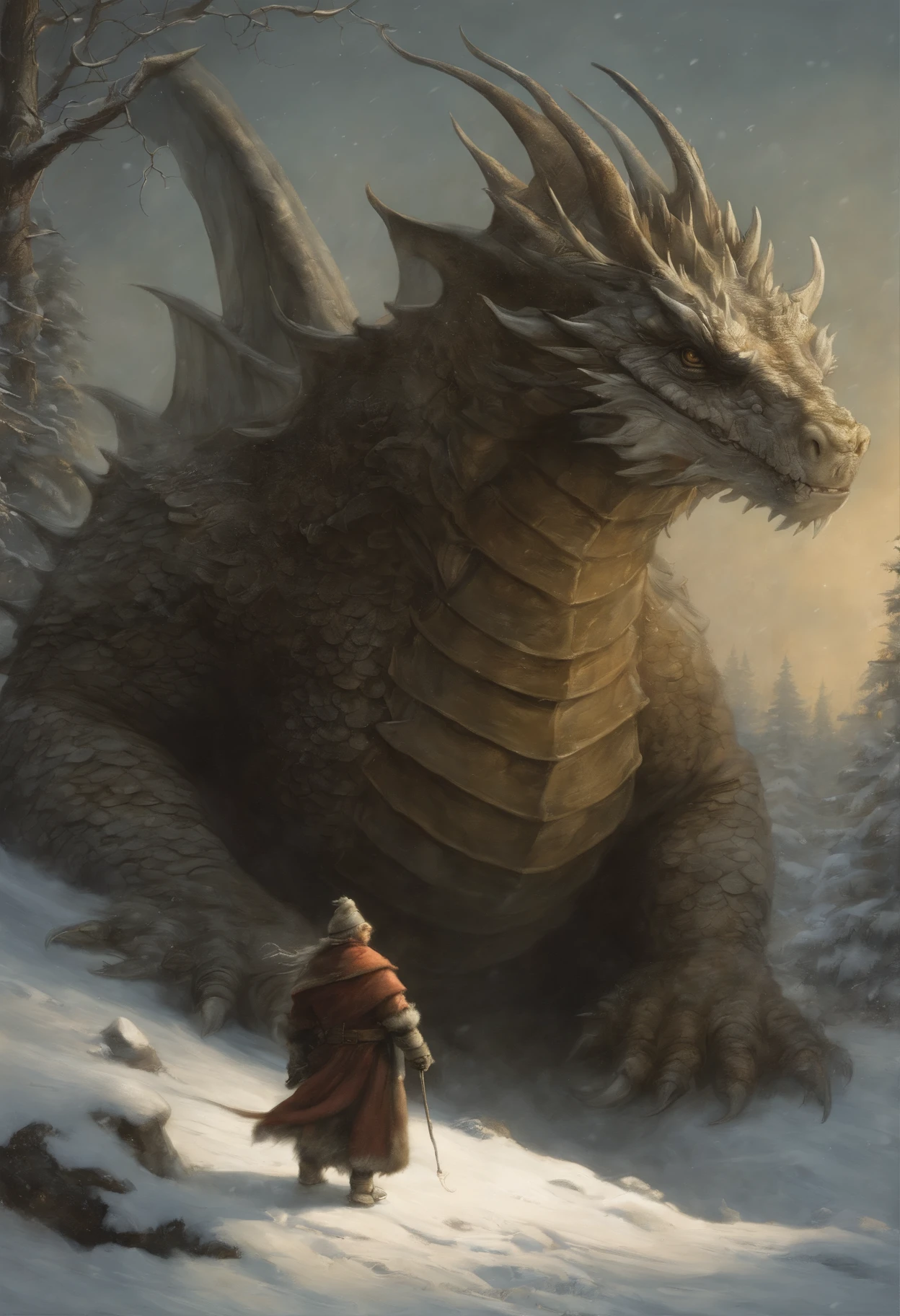 真实感, dark fantasy style, John Tolkien style, Small painting by Jean-Baptiste Monge,Santa Claus riding a dragon, Santa Claus holds the dragon by the horns, Santa Claus riding a dragon, winter, Snow is falling, huge christmas tree, anatomically correctly drawn body, Looks like an ancient dragon, The city, megalopolis, city trail, Big Christmas tree, glass skyscraper, Jean-Baptiste Monge, anthropomorphic --ar 2:3 --testp -optimistic;