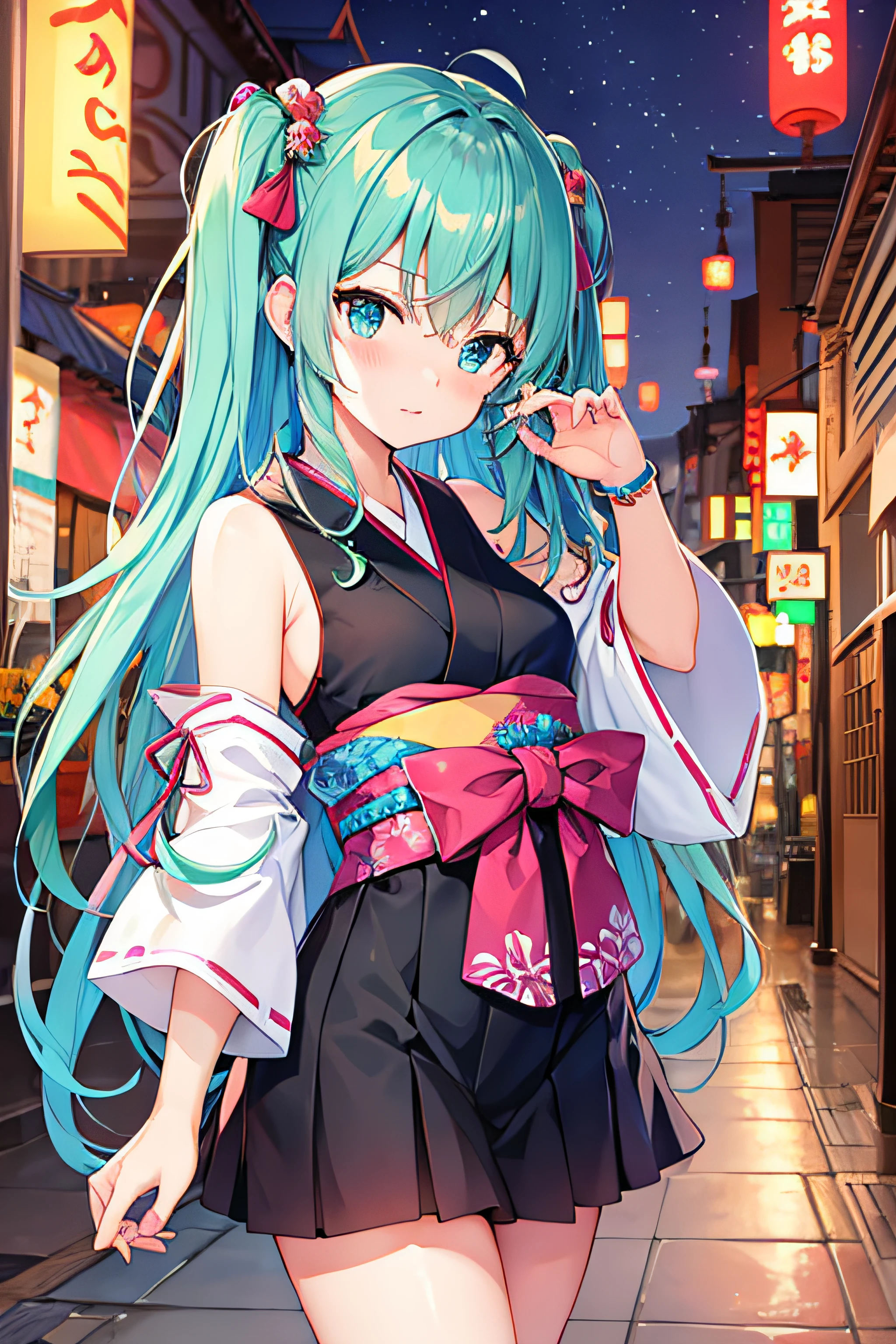 ​masterpiece、Top image quality、超A high resolution、miku hatsune、blue hairs、Twin-tailed、Blushing、Cute and shy、Short kimono、well-shaped thighs、kyoto、Japan、Night