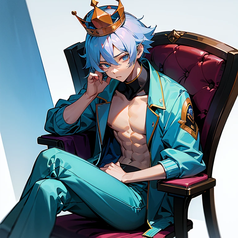 One Boy、High school students、twin crown hair、The left eye is green、Blue on the right、tall、Shirtless and wearing a blue jacket、light skinned、well-muscled、Thin macho、JINS、Quirk hair、Sitting on a chair、legs crossed、cafes、natta、Shameful。