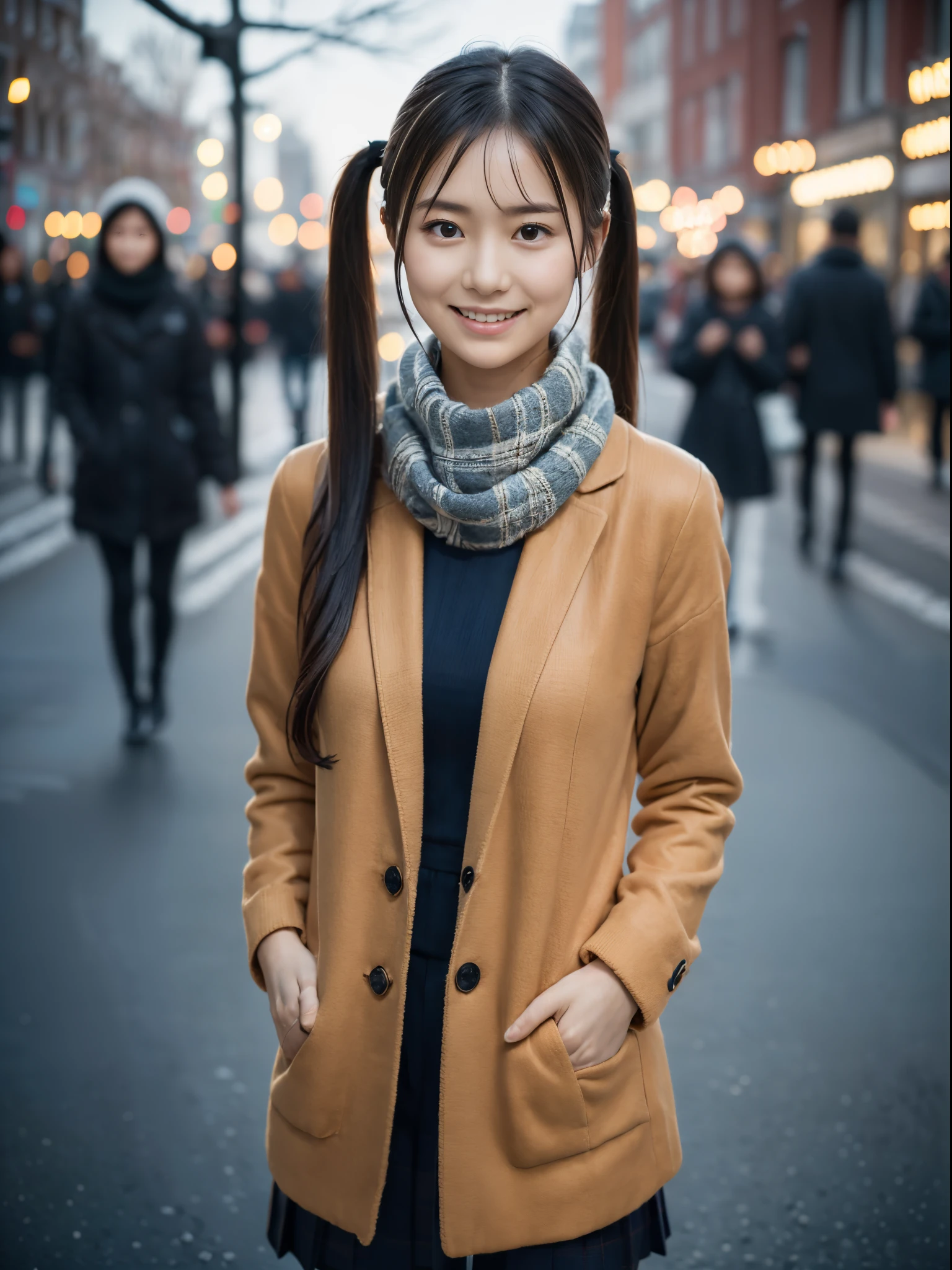 (slender small breasts and long hair with twin tails,,,、Close up portrait of one girl with scarf and coat in winter uniform:1.5)、(One girl with little smile and hair fluttering in the wind :1.3)、(Winter night street corner with beautiful Christmas illuminations:1.5)、(Perfect Anatomy:1.3)、(No mask:1.3)、(complete fingers:1.Phototriaritic、Photography、masutepiece、top-quality、High resolution, delicate and pretty、face perfect、Delicate and beautiful eye air skin、Real Human Skin、pores、((thin legs))、(Dark hair)