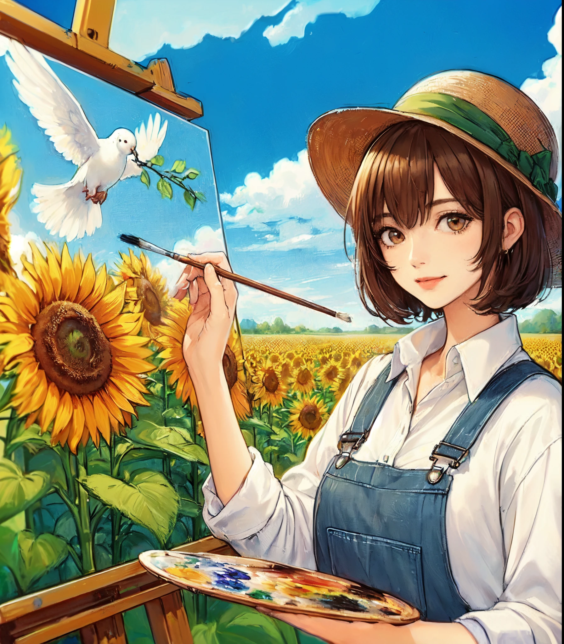 1lady solo, (painting (a sunflower oil painting) on a canvas), (stylish outfit) overalls (hat with a green hatband:1.1), mature female, /(brown hair/) bangs, light smile, (masterpiece best quality:1.2) delicate illustration ultra-detailed, large breasts BREAK (painting of a sunflower) ((a white dove with brunch in mouth) flying), (painting brush), (palette of paintREAK (field of sunflowers under the blue sky) outdoors