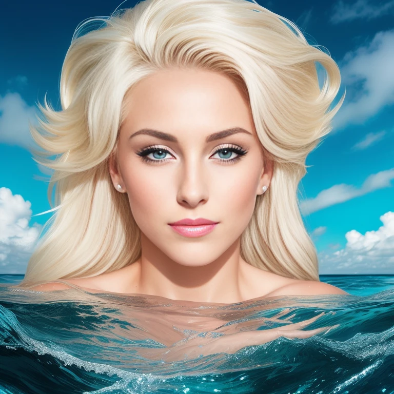 "(Mature and realistic portrayal:1.21,750HD resolution) Sailor Moon (platinum blonde hair) submerging from oceans of crystal clear water, background is a black sky, filled with thunder and lighting. She's exhibiting empowering poses while displaying a playful, flirtatious smirk with her hands above her head, album cover type photo