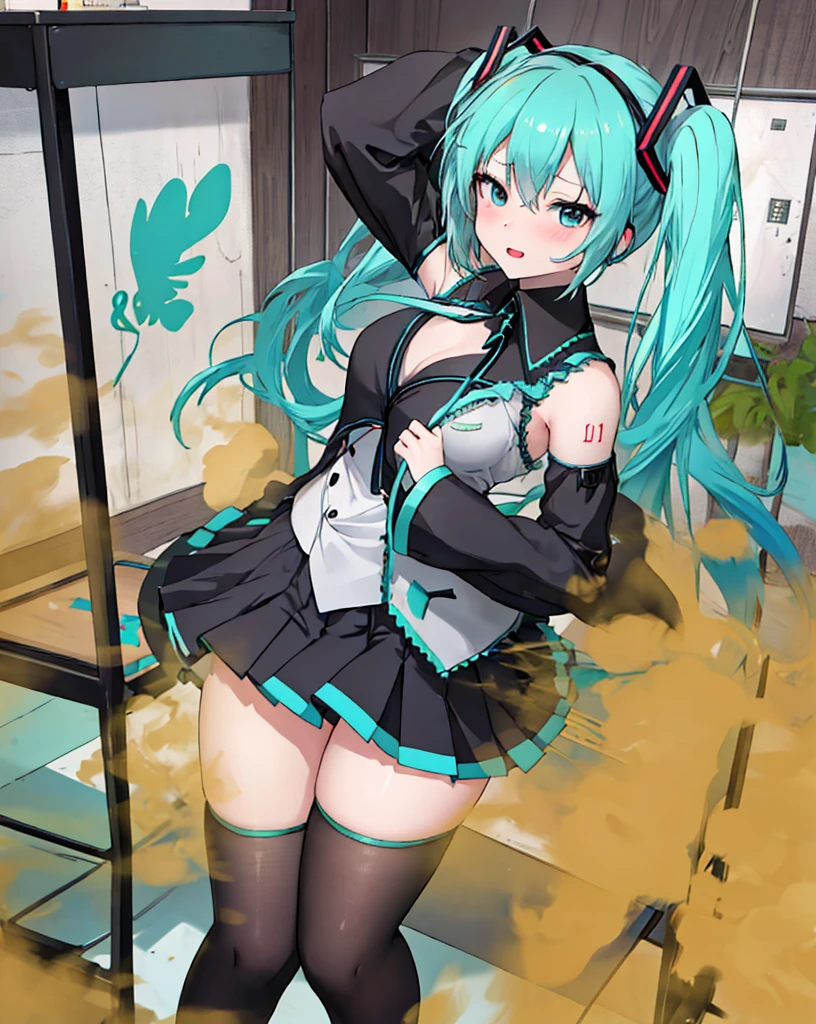 pleated skirt、nippleが透けて見える,My clothes are transparent、Young Hatsune Miku、big breasts　young girl,、&#39;s 、squat with legs apart、Please open the white love juice on your thighs.、Drip a large amount of love juice、blush、embarrassed look、leak a large amount of love juice、Completely naked、pussy、nipple
