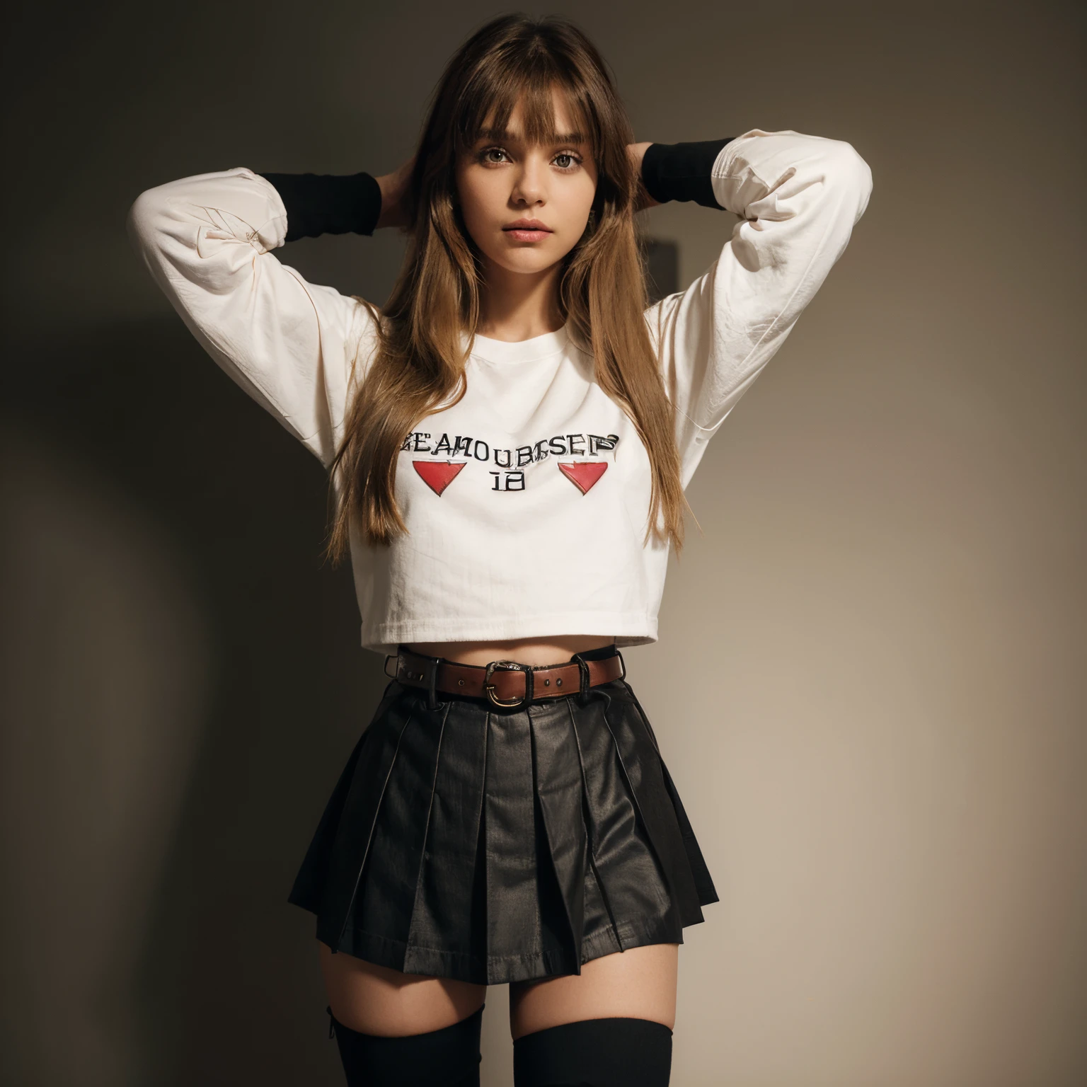 Brown Girl, straight hair and belts, light, blonde bangs, short. brown eye, red shiny lips, blushful, marker, Arrows, black sweatshirt with a demon drawn on it, with double sleeves. The lower part of the sleeves is decorated with a black and red stripe... Black pleated skirt with crosses on each pleat. Knee-Wide Gaiters, red and black checkered. In black loafers.