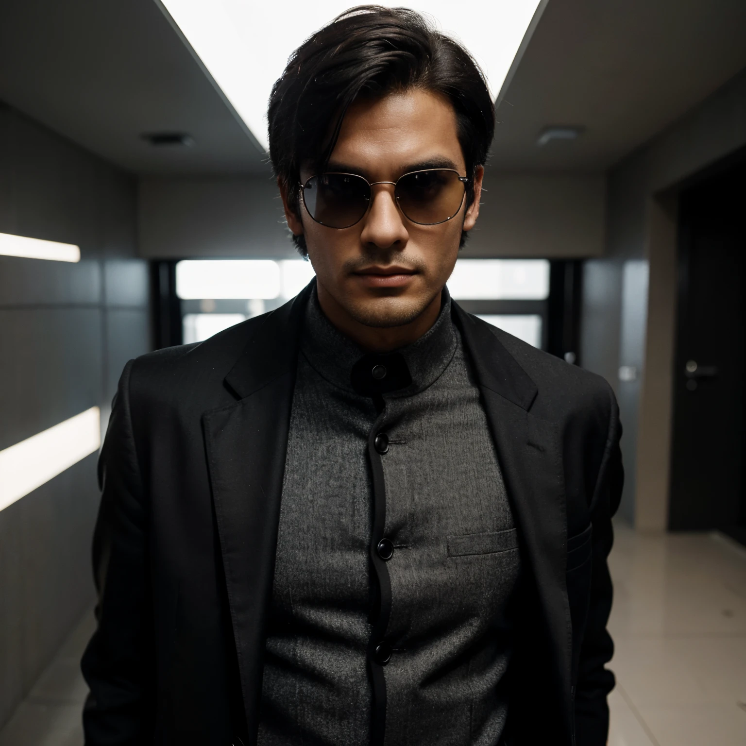 25 years old man, with toned body, medium black hair, stubble, wearing 3 piece black suit with long coat, rich looking, wearing aviator glasses