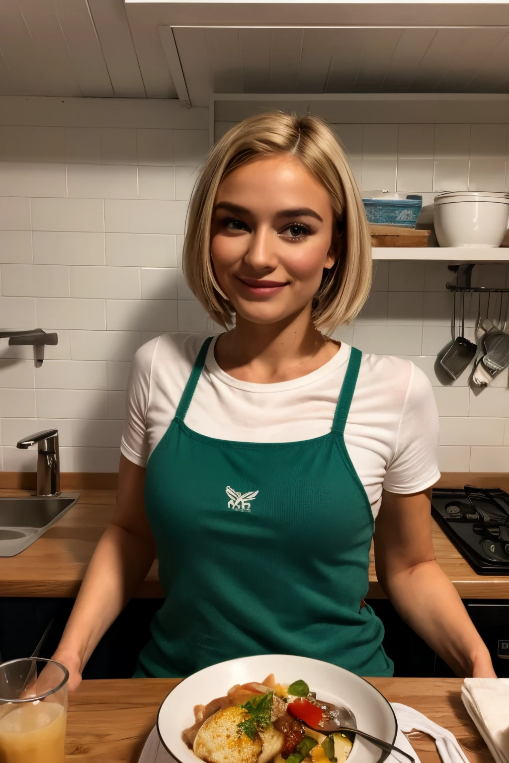 Eine junge Frau, 20 Jahre alt, Ihr Vater stammt aus Asien, ihre Mutter aus Deutschland. She is slim and has slightly tanned skin,( Ihr Haar ist kurz und blond), Ihre Augen sind blau, She has a charming smile and is small, Cute dimples,she makes breakfast in a large American kitchen,Meisterwerk  8K, HDR, ultra realistic