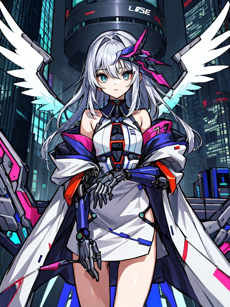 top-quality、ighly detailed、​masterpiece、ultra-detailliert、illustratio、((1girl in))、silber hair、length hair、Floating hair、、Cyber City、Neon building、(The upper part of the body:1.05)、extremely_Detailed_Eyes_And_Face,cybernetic wings mechanical wings、Random posture、Skyscraper、、Mechumusume、shrine maiden clothe,maid clothes、Random angles、anime styled,cowboy  shot