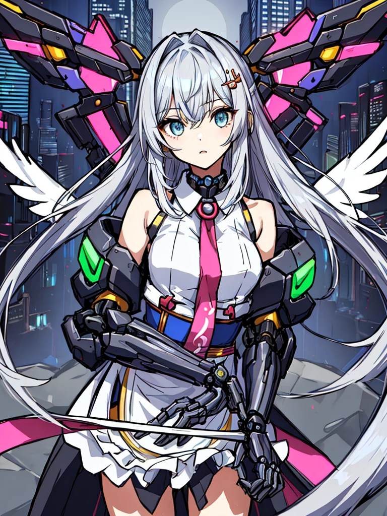 top-quality、ighly detailed、​masterpiece、ultra-detailliert、illustratio、((1girl in))、silber hair、length hair、Floating hair、、Cyber City、Neon building、(The upper part of the body:1.05)、extremely_Detailed_Eyes_And_Face,cybernetic wings mechanical wings、Random posture、Skyscraper、、Mechumusume、shrine maiden clothe,maid clothes、Random angles、anime styled,cowboy  shot