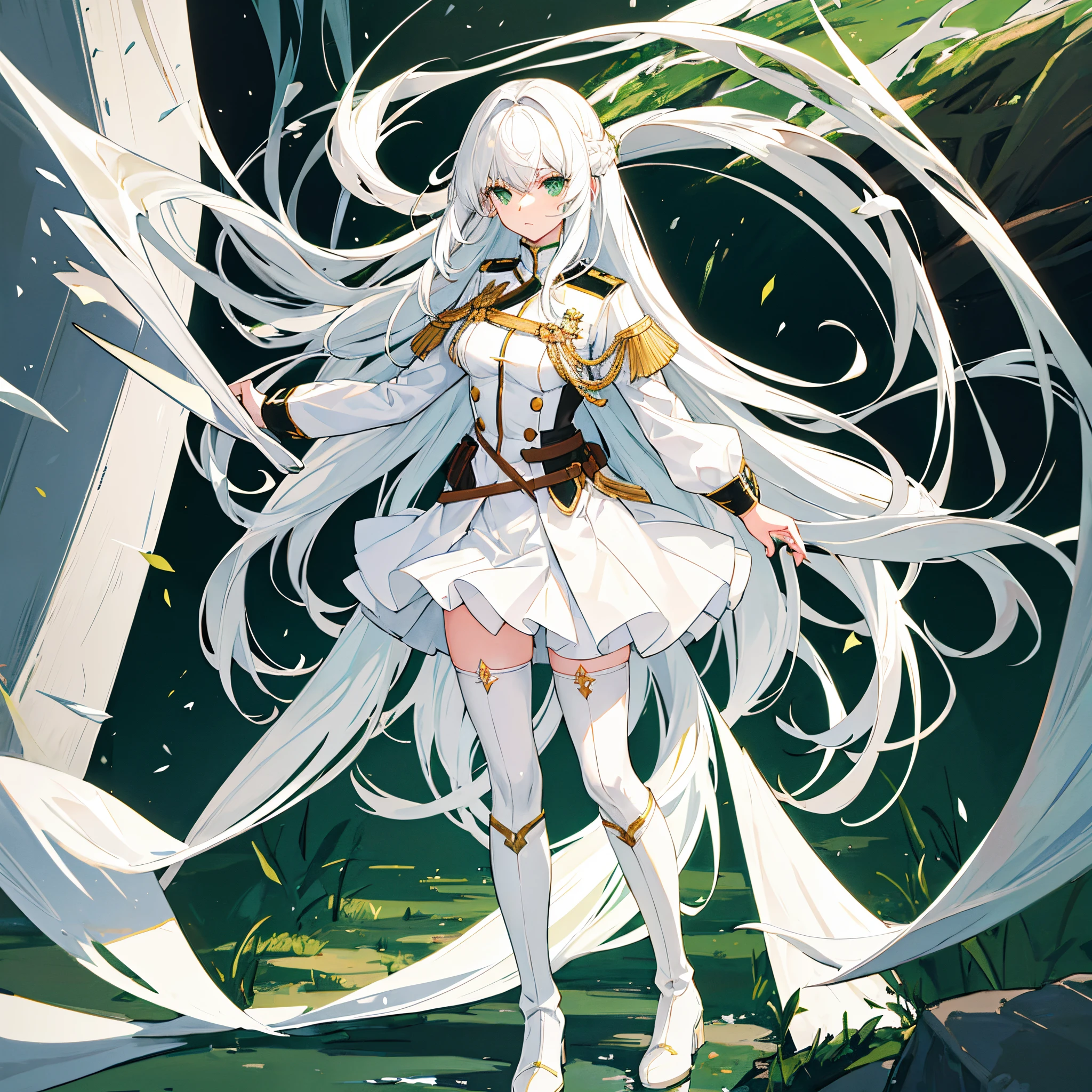 White hair, long hair, green eyes, beautiful girl, white uniform, white skirt, heroic outfit, white stockings, black boots