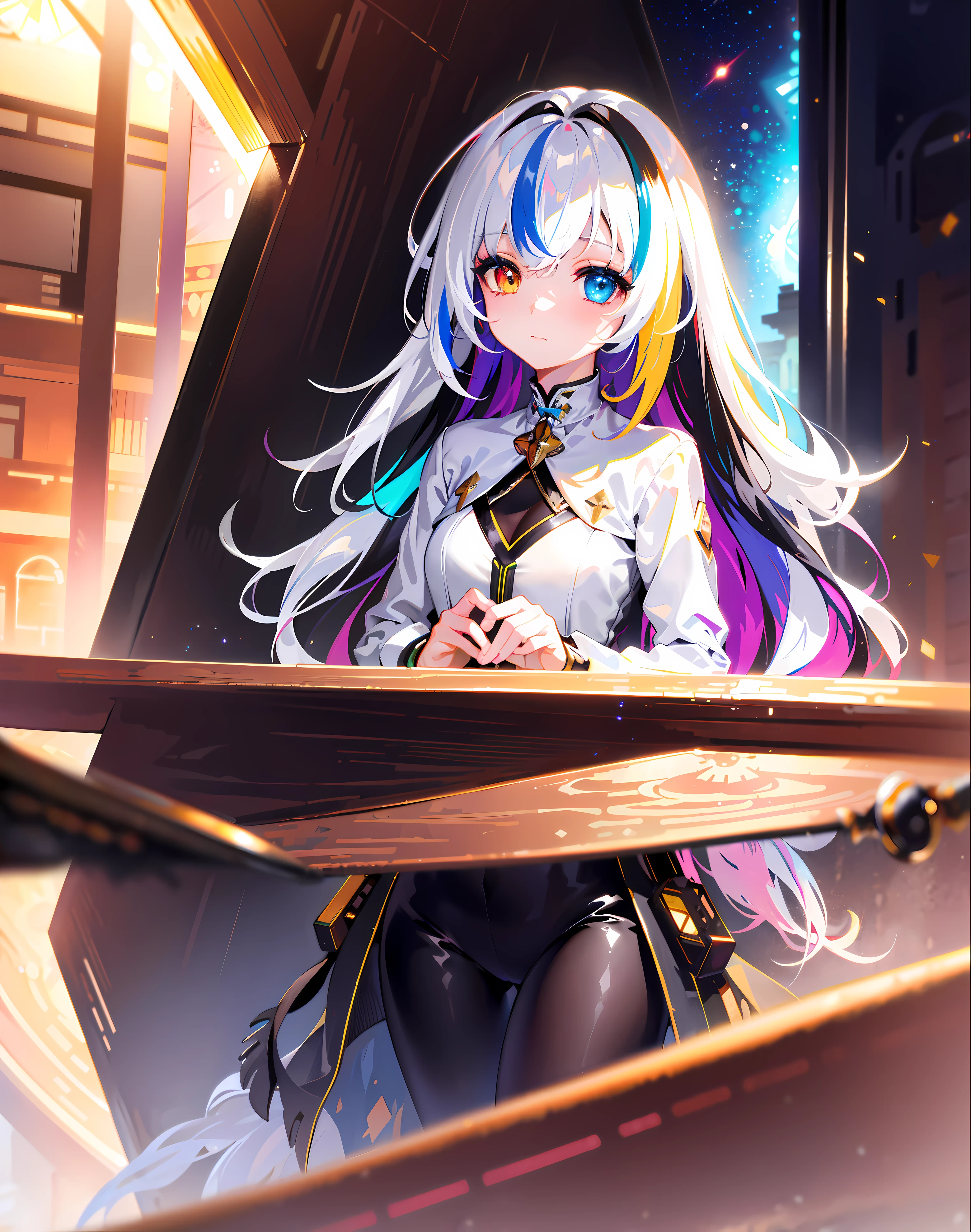 {{masterpiece}}, best quality, extremely detailed CG unity 8k wallpaper, cinematic lighting, lens flare, beautiful detail eyes, black,  side glance,  multicolor hair, colorful light, particles, heterochromia, (colorful:1.5), (colorful hair:1.5),