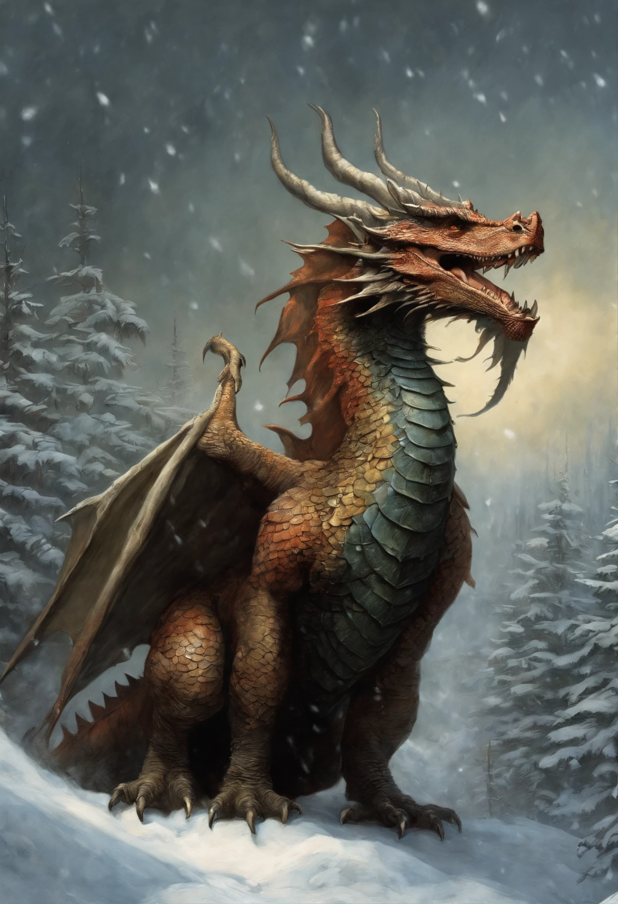 真实感, dark fantasy style, John Tolkien style, Small painting by Jean-Baptiste Monge,Santa Claus riding a dragon, Santa Claus holds the dragon by the horns, dragon - Santa Claus riding a dragon, winter, Snow is falling, huge christmas tree, anatomically correctly drawn body, Looks like an ancient dragon, The city, megalopolis, city trail, Big Christmas tree, glass skyscraper, Jean-Baptiste Monge, anthropomorphic --ar 2:3 --testp -optimistic;