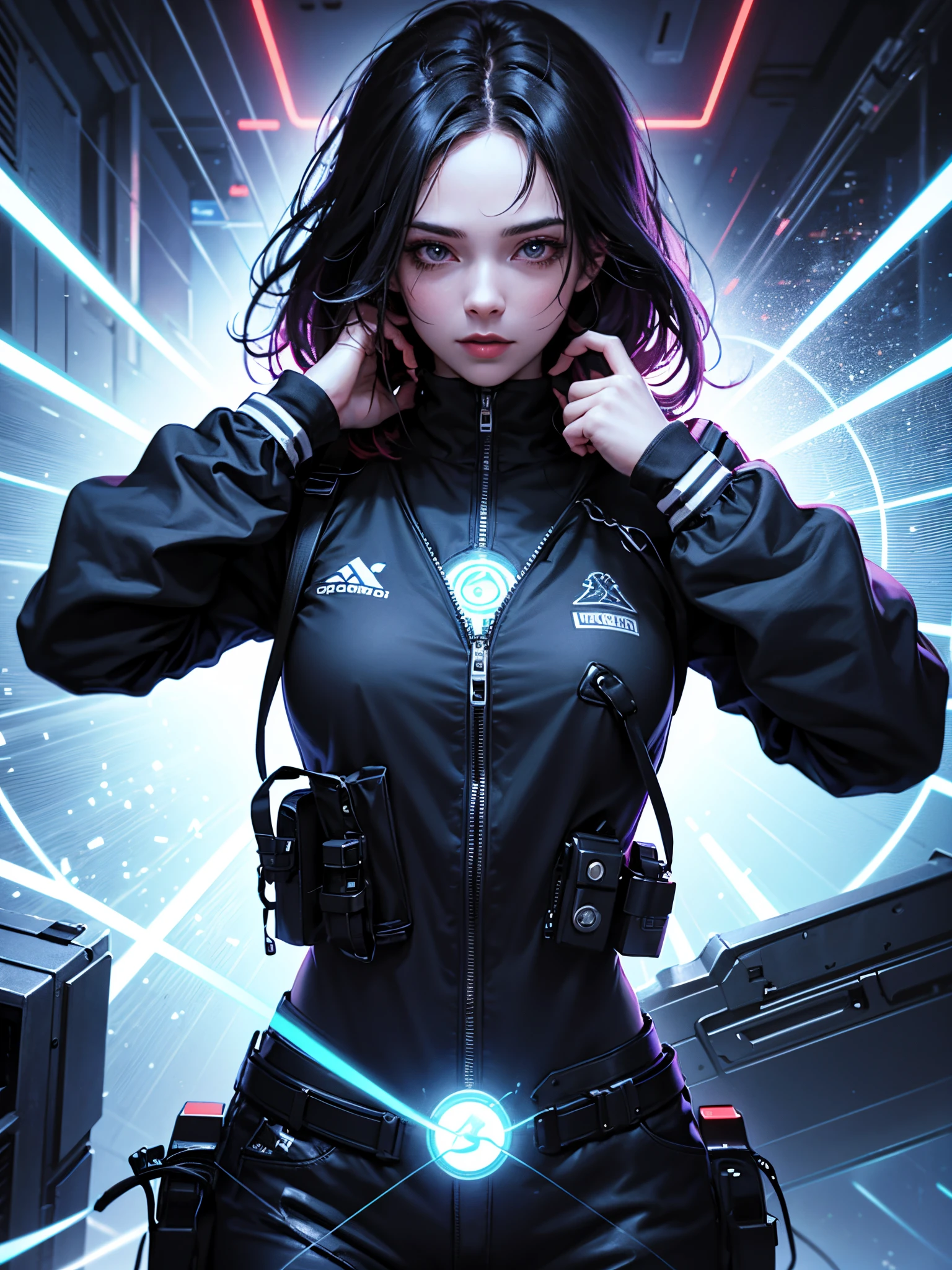 Close up shot, portrait view, An engaging portrayal of cyberpunk hacker, deeply engrossed in a virtual reality environment.She's wearing a dark, futuristic garb adorned with neon embellishments, blue neon lit suit,vr goggles in forehead