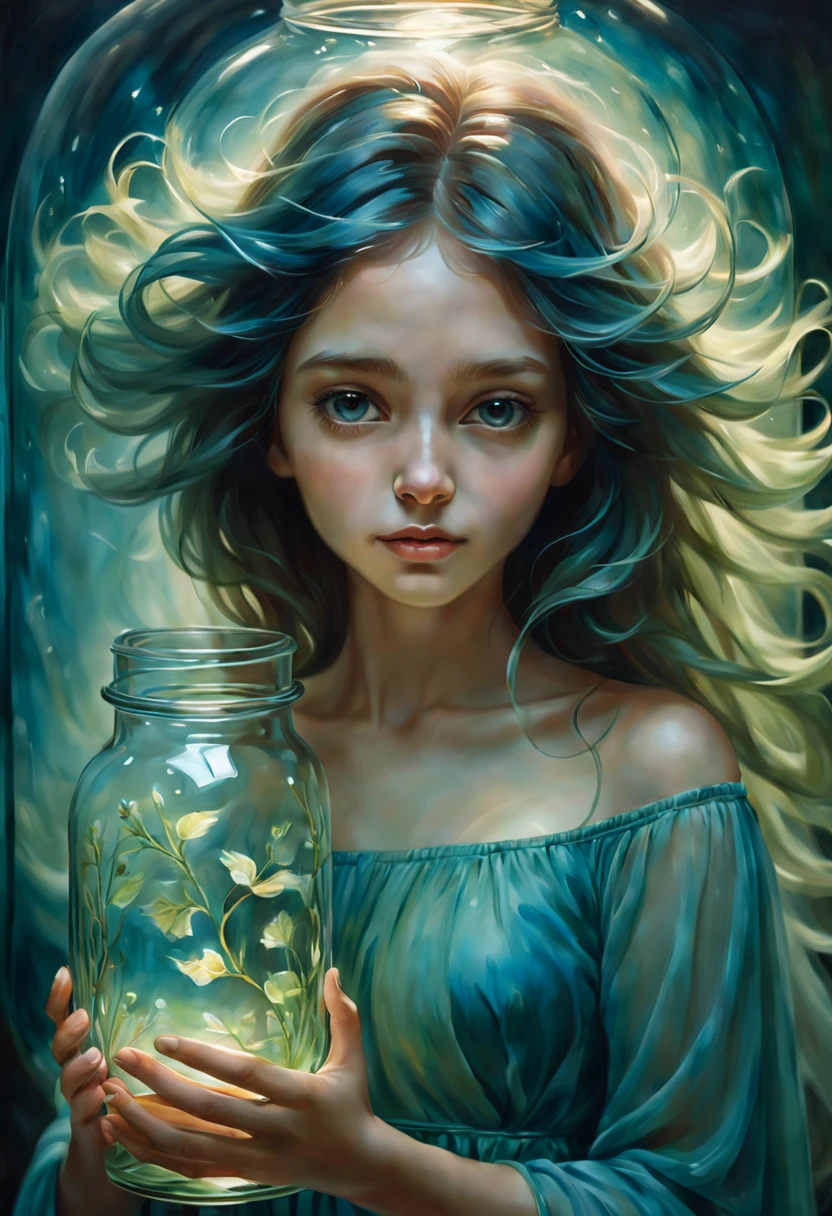(a girl in a jar,oil painting),crystal-clear glass jar,beautiful girl with flowing hair floating in the jar,soft lighting illuminating the girl's delicate features,subtle reflections and refractions on the glass,meticulous brushstrokes capturing the girl's ethereal beauty,subtle shades of blue and green,creating a dreamlike atmosphere,magical and mysterious ambiance,portraying a sense of longing and entrapment,emphasizing the fragility and vulnerability of the girl,meticulously detailed facial features and flowing dress,creating a sense of movement and dynamism,blurry background suggesting a surreal and whimsical setting,conveying a sense of wonder and curiosity.