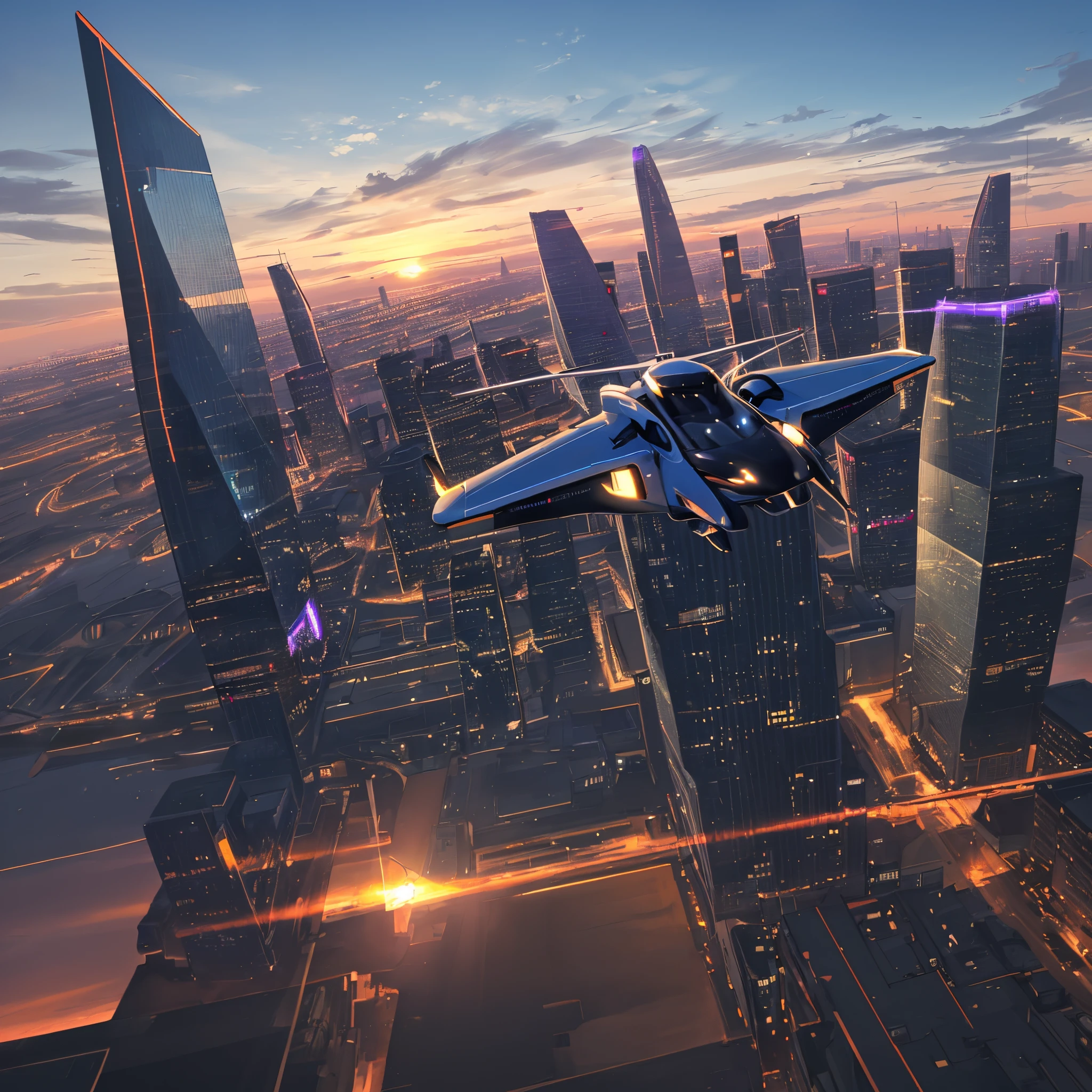 Flying taxi in future megacity in a long shot view picture that shows alots of towers in a sun down weather with purple and orange sky