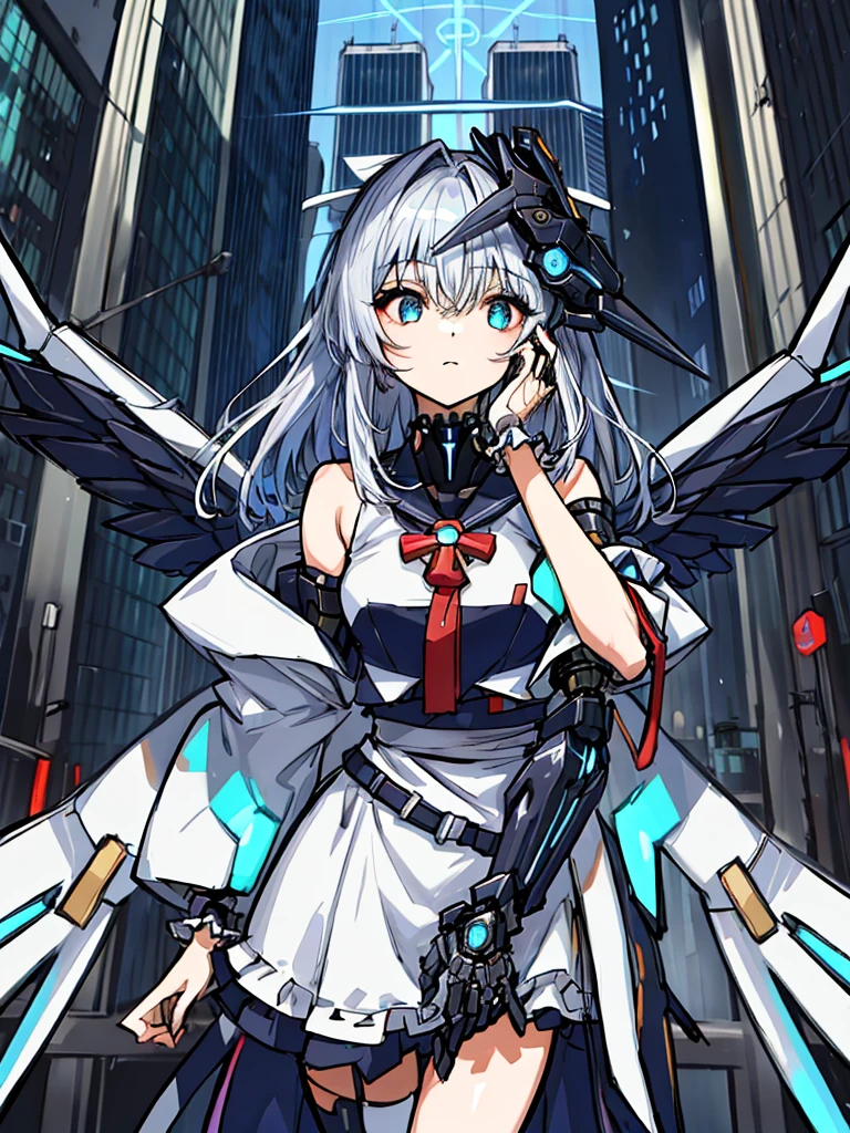 top-quality、ighly detailed、​masterpiece、ultra-detailliert、illustratio、((1girl in))、silber hair、length hair、Floating hair、、Cyber City、Neon building、(The upper part of the body:1.05)、extremely_Detailed_Eyes_And_Face,cybernetic wings mechanical wings、Random posture、Skyscraper、、Mechumusume、shrine maiden clothe,maid clothes、Random angles、anime styled,cowboy  shot