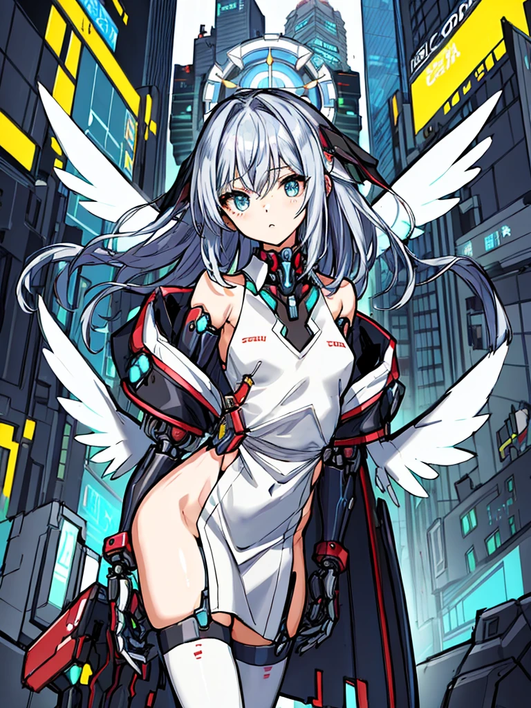 top-quality、ighly detailed、​masterpiece、ultra-detailliert、illustratio、((1girl in))、silber hair、length hair、Floating hair、、Cyber City、Neon building、(The upper part of the body:1.05)、extremely_Detailed_Eyes_And_Face,cybernetic wings mechanical wings、Random posture、Skyscraper、、Mechumusume、shrine maiden clothe,maid clothes、Random angles、anime styled,cowboy  shot