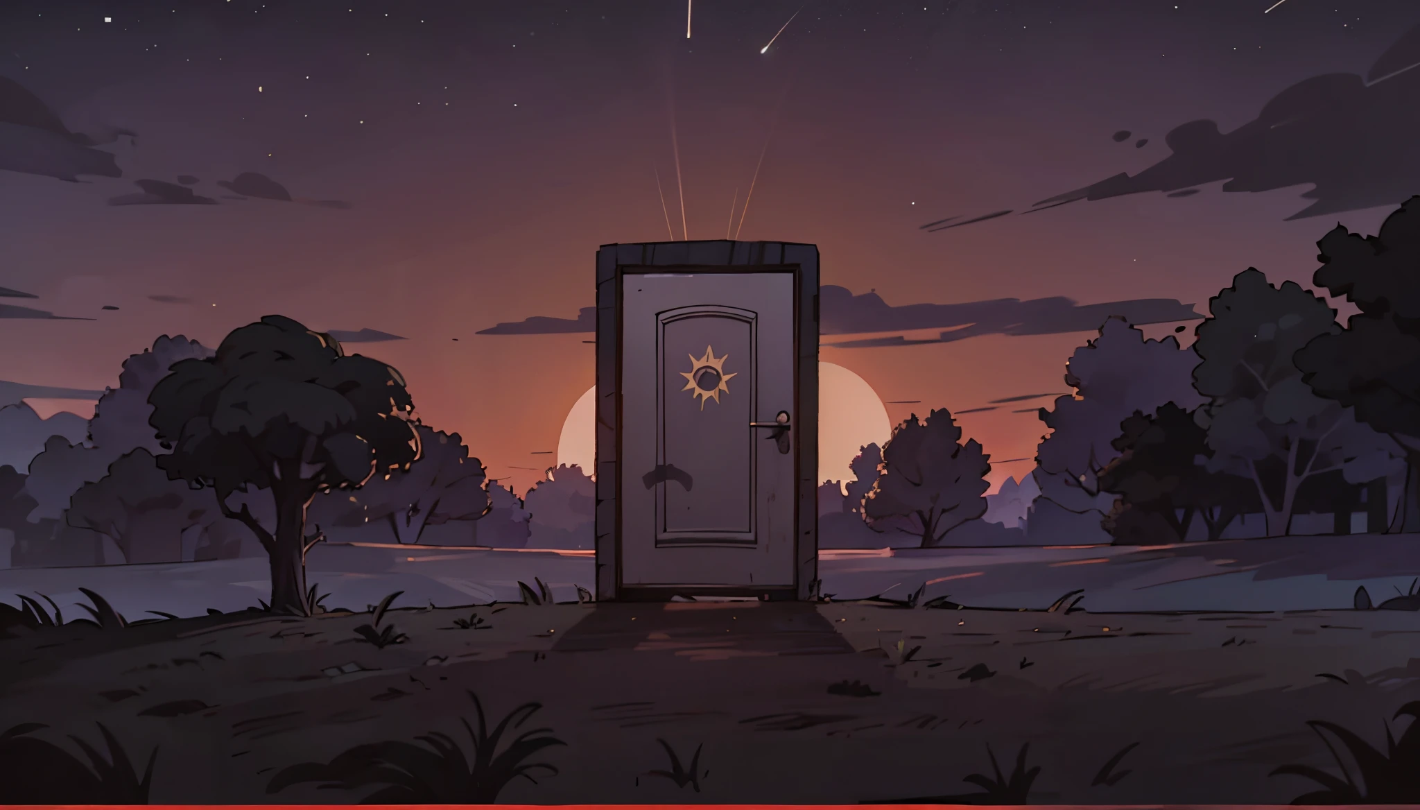 Campo ao ar livre de noite. uma porta misteriosa ao centro. Por do sol com luminosidade roxa. Clima de haloween. Fundo do anime