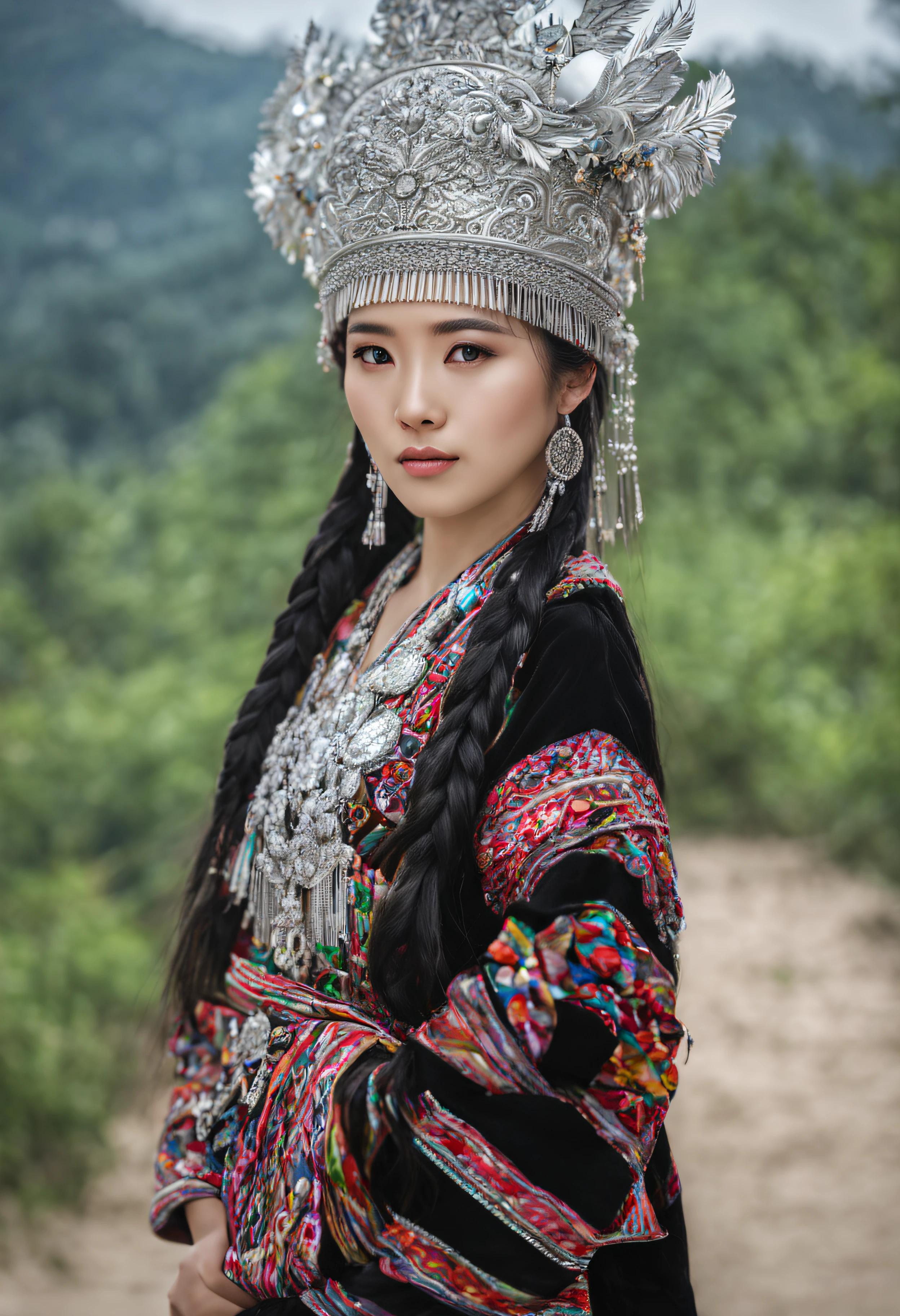 HDR,UHD,8K, best quality, masterpiece, absurdness, extremely detailed, miaoyuansu, hmong, miao8, 1girl, solo, black hair, realistic, long hair, jewelry, earrings, twin braids, upper body, looking at viewer, silky long straight hair, ornament, (very detail traditional clothes), hat, blurry background, portrait, makeup, headdress, eyelashes,