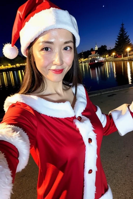 japanese mature, (Solo), 50 years old, (Wrinkles at the corners of the eyes:1.5), Large breasts, A MILF, glamor, A sexy, Chromo-white skin, Looking at Viewer、Super large udder、(((Santa Claus Costume))), (a miniskirt:1.2))、Black pantyhose、high-heels、ssmile、Public places、Christmas tree in the city at night、Prostitutes、