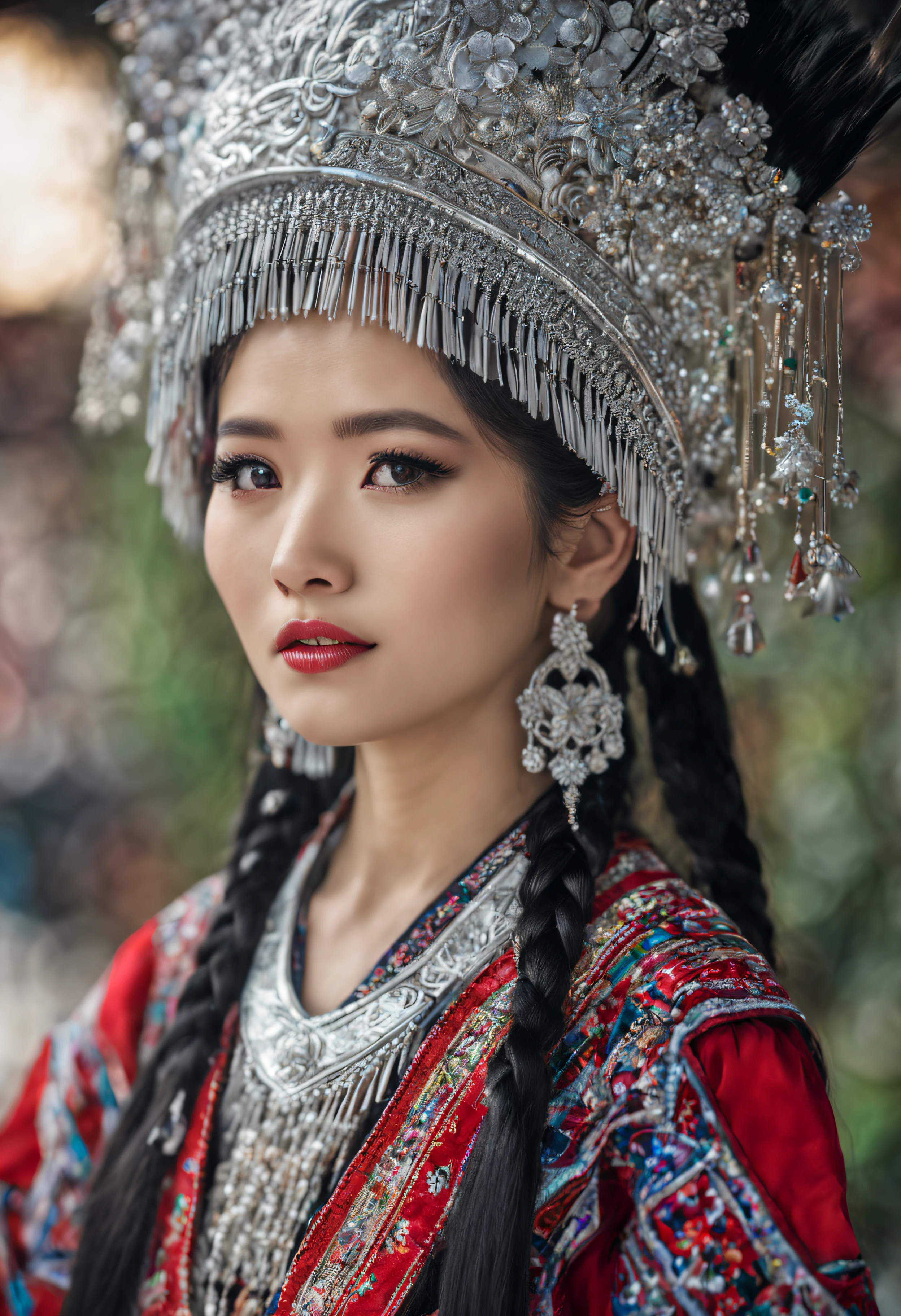 HDR,UHD,8K, best quality, masterpiece, absurdness, extremely detailed, miaoyuansu, hmong, miao8, 1girl, solo, black hair, realistic, long hair, jewelry, earrings, twin braids, upper body, looking at viewer, silky long straight hair, ornament, (very detail traditional clothes), hat, blurry background, portrait, makeup, headdress, eyelashes,