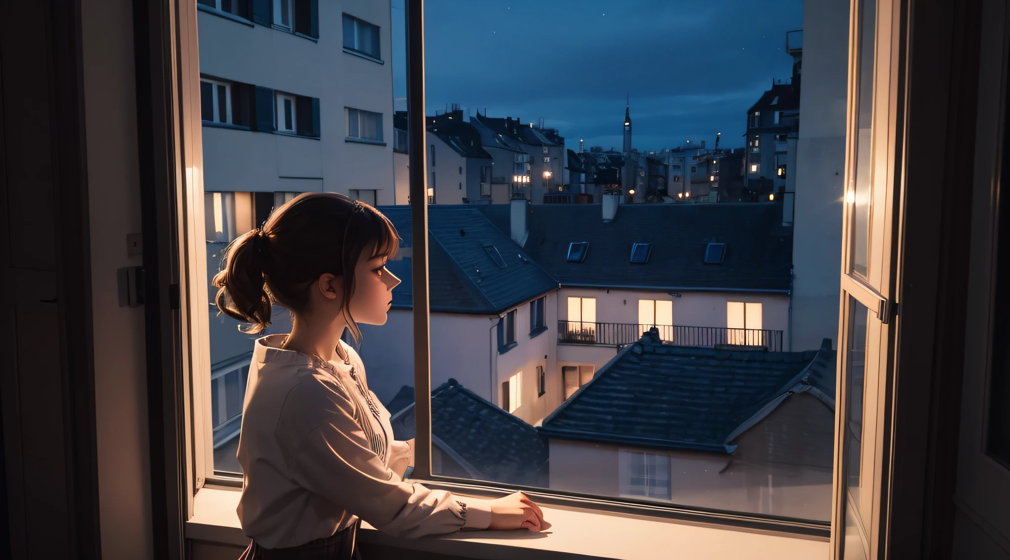 une fille portant des écouteurs regardant par une fenêtre dans une ville moderne, fille portant des écouteurs, écouter de la musique la nuit, Portrait de Lofi à une fenêtre, écouter de la musique, avec écouteurs, Lofi Fille, écouter de la musique pieuse, Belle fille solitaire, Regarder par la fenêtre, La fille sur le rebord d'une fenêtre, Regarder par la fenêtre, Esthétique Lofi Girl, Nightcore