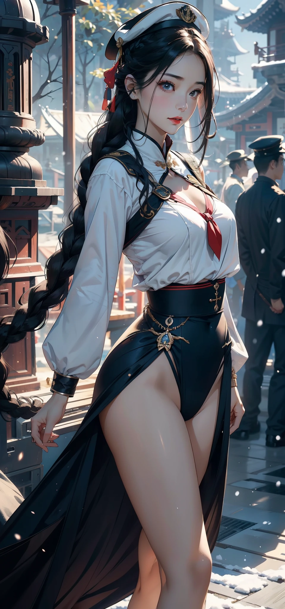 1female,45 yers old,Married woman,legs long, Slim waist, photo exposure, 独奏,(Background with:at a forest,the rainforest,Ground area water) She has long black hair,Stand deep in the forest,seen from the front, curlies, sky with many clouds,(((tmasterpiece),(Very detailed CG unified 8k wallpaper),Best quality at best,电影灯光,detailed back ground,beautiful pupil,(very delicate beautiful),(Beautiful and detailed eye descriptions),ultra - detailed,Jay 1 female,35yo,plum,very huge big breastig chest and thin waist,legs long, 独奏,(Background with:aircraft carrierigger,airships,warships),legs are open,, and his long black hair,Twist braids,Stand on a warship,seen from the front, , The sky is mostly cloudy,(((tmasterpiece),(Very detailed CG unified 8k wallpaper),Best quality,电影灯光,detailed back ground,Beautiful and detailed right pupil without eyes,Snow-whiteskin,Redlip(Very delicate and beautiful),(Beautiful and detailed eyes description),ultra - detailed,tmasterpiece,))facing at the camera,A high resolution,ultra - detailed), convex,legs are open,Raised sexy,Camel toe skin color,longing unsatisfied,street frontage,Chinese Navy,Blue and white sailor suit,Sailor's cap,Red five-pointed star logo,))Redlip,Snow-white skin,a little bit chubby,pubic hair very large,facing at the camera,A high resolution,ultra - detailed),Revealed,Very huge,