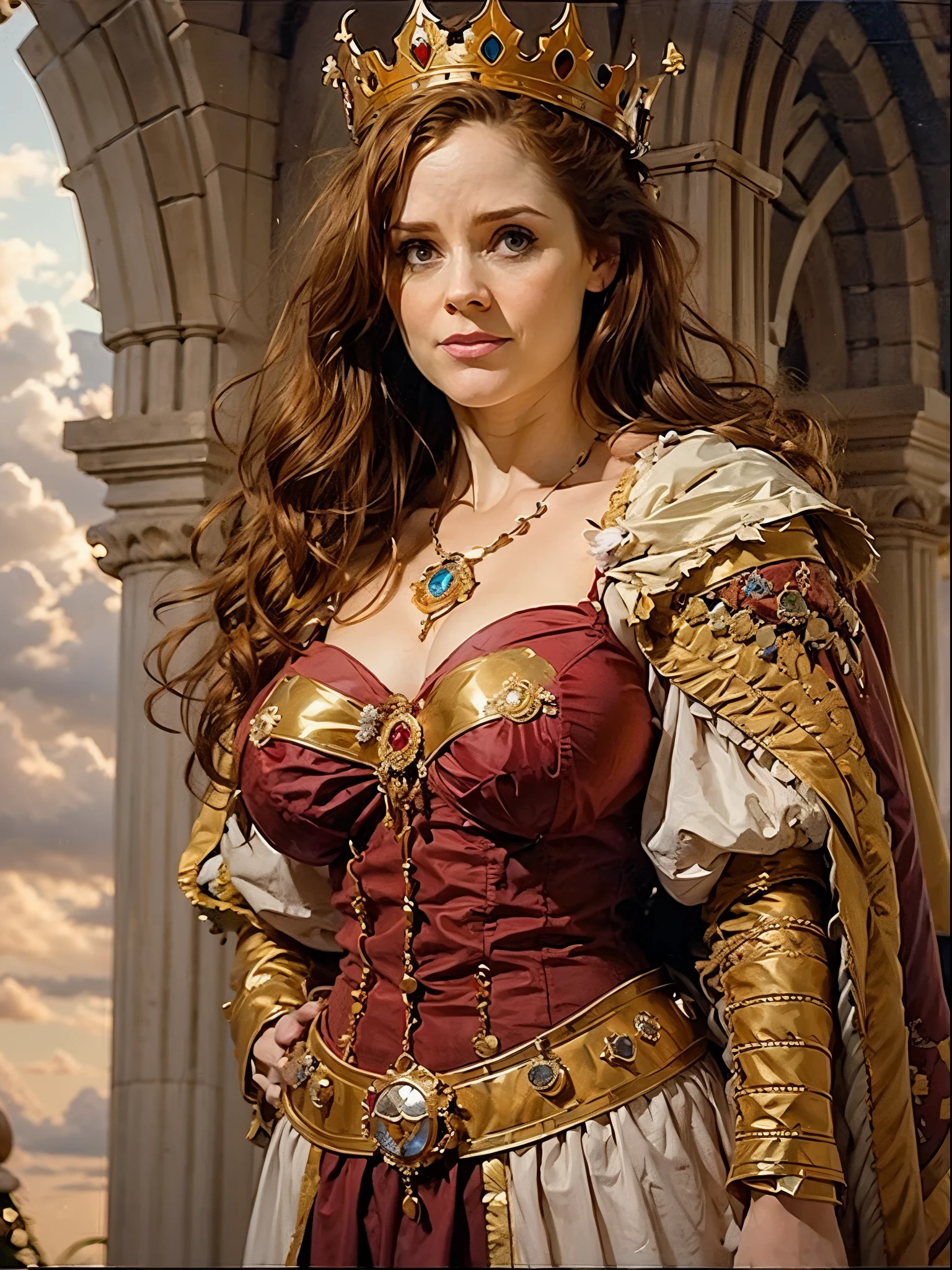 (realistic, 4k) 1girl (Sophie Rundle), young, red hair, ((topless, huge breasts, sagging breasts, huge sagging, large pink areolas, small nipples)), wearing a red royal cape and a crown. Detailed facial features, malicious discrete smile, facing the viewer. Imponent posture, contrapposto, full body view. Medieval background. Oil painting