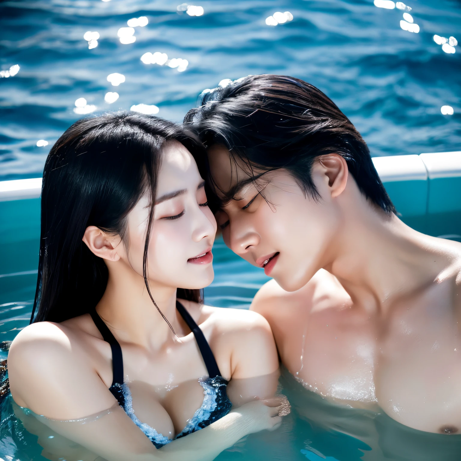Lava open-air bath, Korean idol couple soaking up to their shoulders, eyes closed, Korean idol couple deep kissing, black hair, white bikini, water is cloudy, high resolution, professional lighting, high precision face and Texture of skin, hair and skin drenched in sweat, close-up of face.