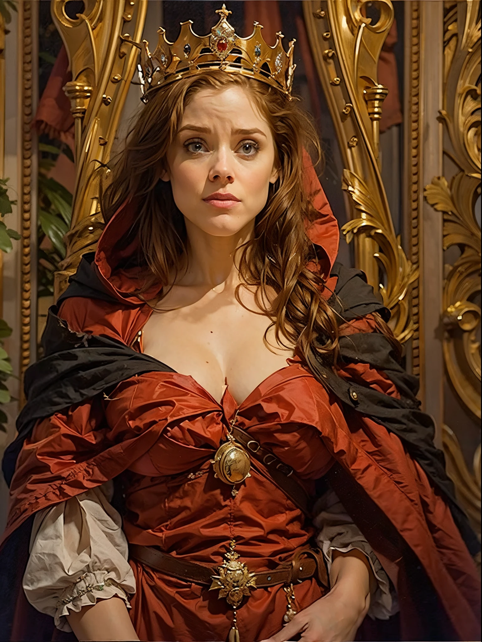 (realistic, 4k) 1girl (Sophie Rundle), young, red hair, (topless, huge breasts, sagging breasts), wearing a red royal cape and a crown. Detailed facial features, malicious discrete smile, facing the viewer. Imponent posture, contrapposto, full body view. Medieval background. Oil painting