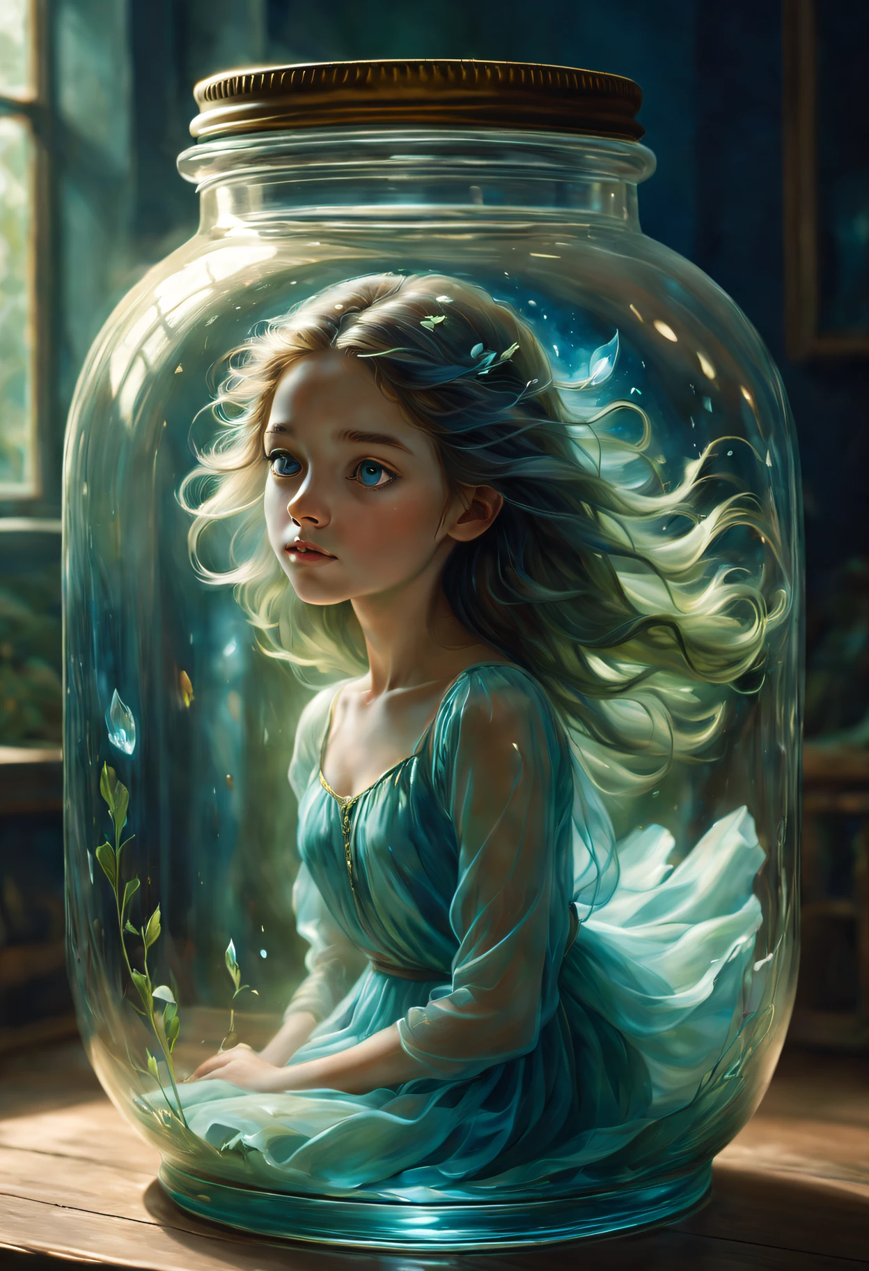 (girl in a jar,oil painted),Crystal clear glass jar,beuaty girl，flowing hair floating in a jar,The soft light reflects the girl’s delicate facial features,Subtle reflections and refractions in glass,Detailed brushstrokes capture the ethereal beauty of the girl,Subtle blue and green tones,Creates a fantastic atmosphere,Magical and mysterious atmosphere,Depicts a feeling of longing and restraint,Emphasis on girls&#39; fragility and fragility,Detailed facial features and elegant clothes,Create a sense of movement and vitality,Blurred backgrounds suggest a surreal and whimsical environment,Convey a sense of surprise and curiosity.