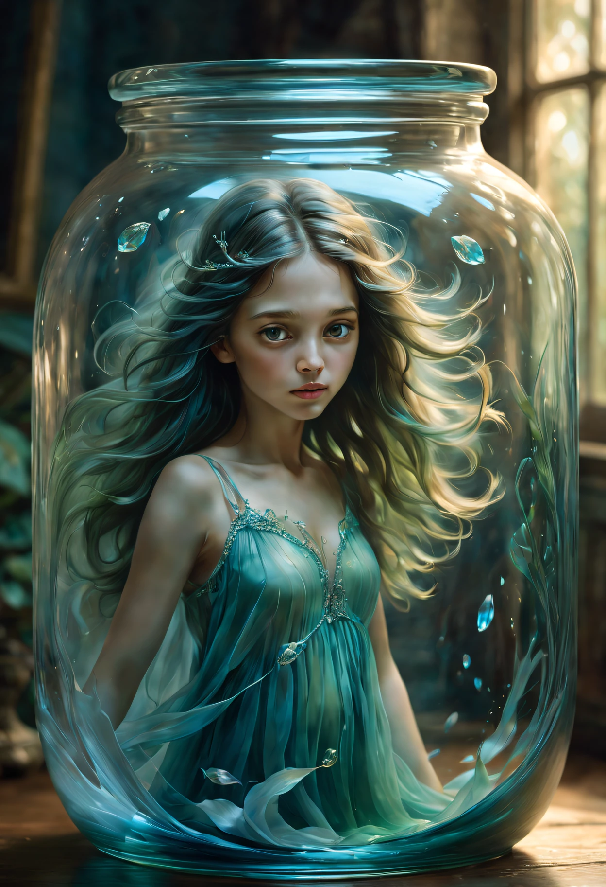 (girl in a jar,oil painted),Crystal clear glass jar,beuaty girl，flowing hair floating in a jar,The soft light reflects the girl’s delicate facial features,Subtle reflections and refractions in glass,Detailed brushstrokes capture the ethereal beauty of the girl,Subtle blue and green tones,Creates a fantastic atmosphere,Magical and mysterious atmosphere,Depicts a feeling of longing and restraint,Emphasis on girls&#39; fragility and fragility,Detailed facial features and elegant clothes,Create a sense of movement and vitality,Blurred backgrounds suggest a surreal and whimsical environment,Convey a sense of surprise and curiosity.