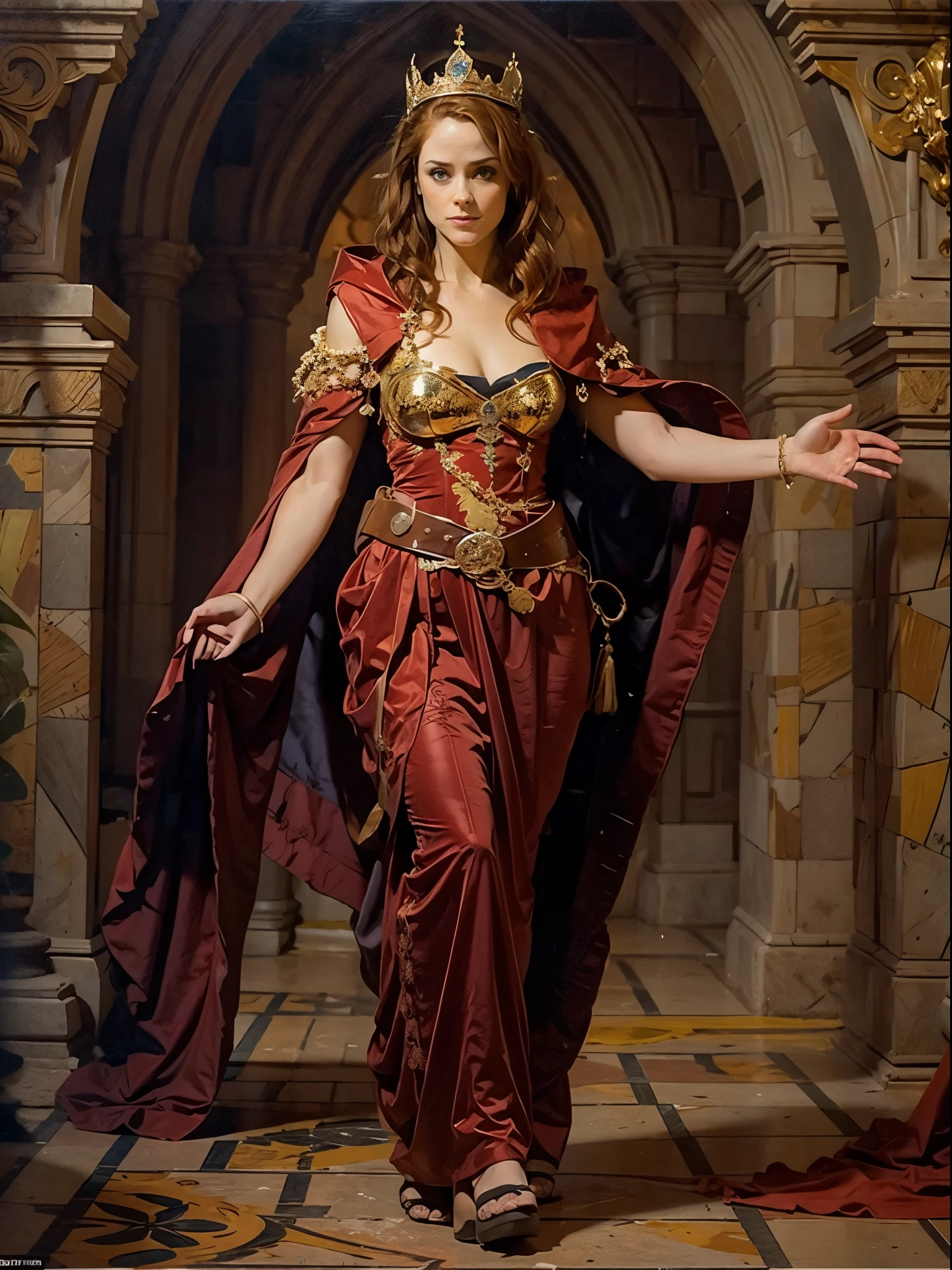 (realistic, 4k) 1girl (Sophie Rundle), young, red hair, (topless, huge breasts, sagging breasts), wearing a red royal cape and a crown. Detailed facial features, malicious discrete smile, facing the viewer. Imponent posture, contrapposto, full body view. Medieval background. Oil painting