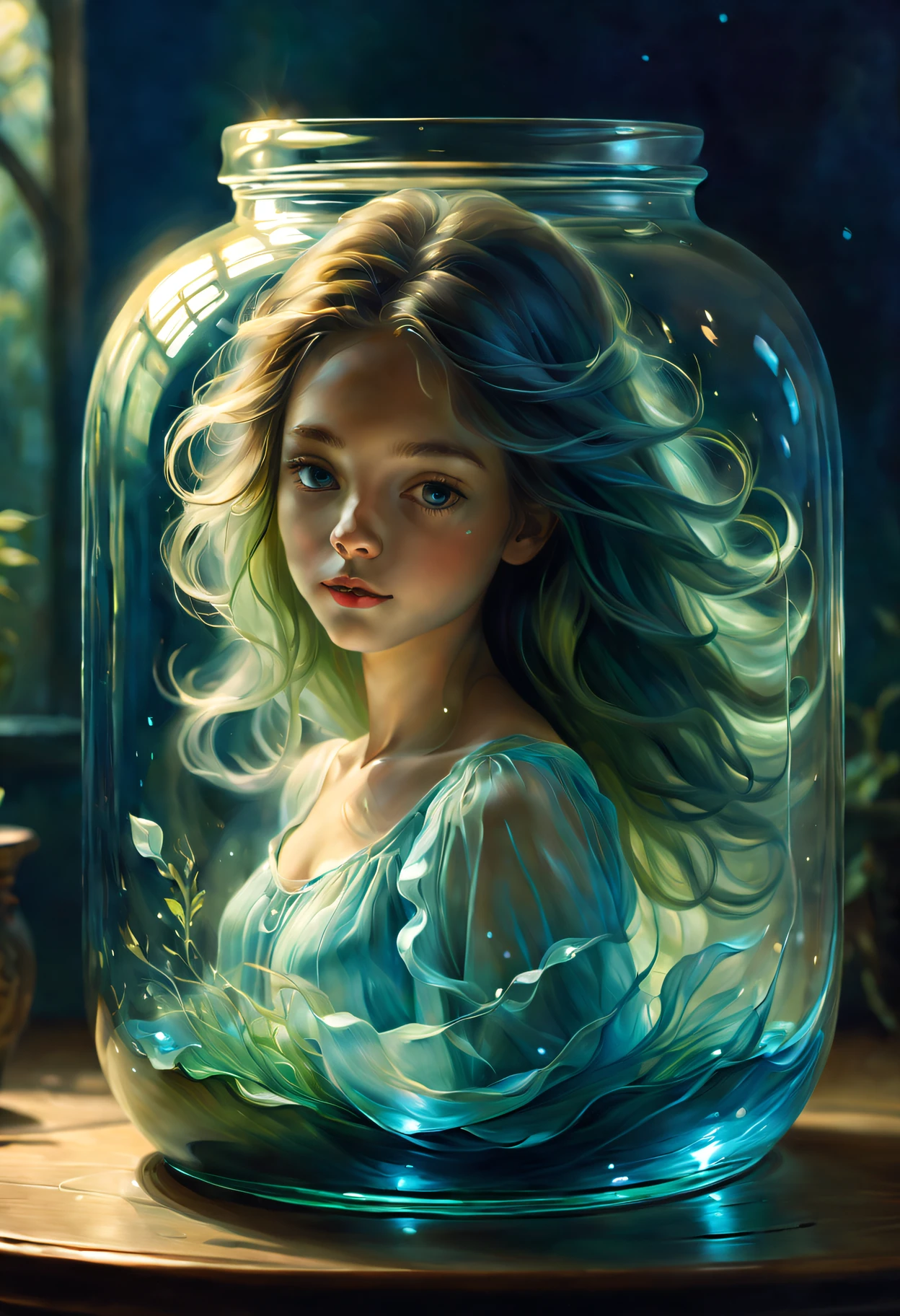 (girl in a jar,oil painted),Crystal clear glass jar,beuaty girl,flowing hair floating in a jar,The soft light reflects the girl’s delicate facial features,Subtle reflections and refractions in glass,Detailed brushstrokes capture the ethereal beauty of the girl,Subtle blue and green tones,Creates a fantastic atmosphere,Magical and mysterious atmosphere,