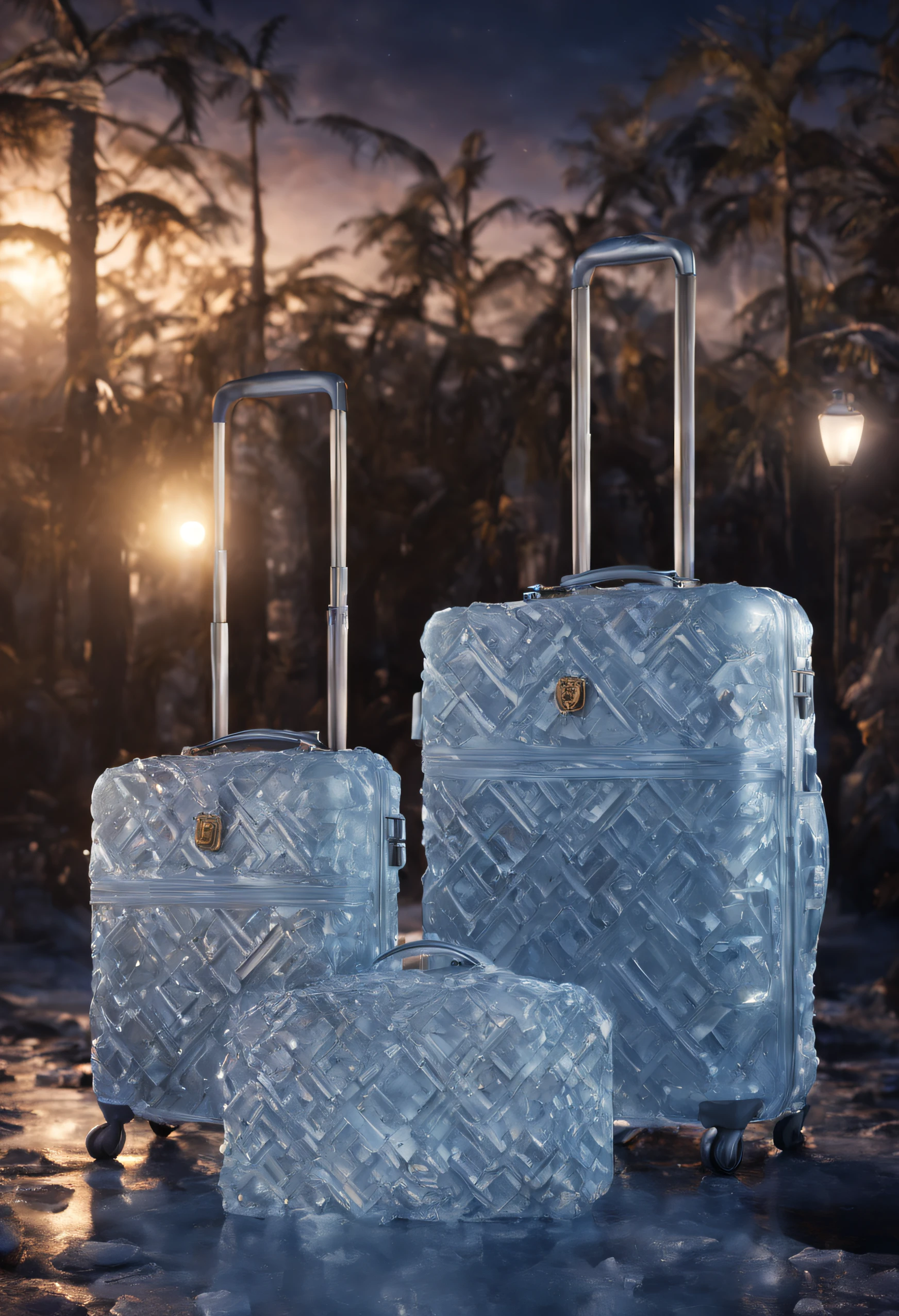 Versace Luggage Set made of ice, night background, atmospheric lighting, 8k UHD, dark vibes, extremely detailed, vibrant colours, epic composition, octane render, sharp focus, high resolution isometric, photorealistic art,