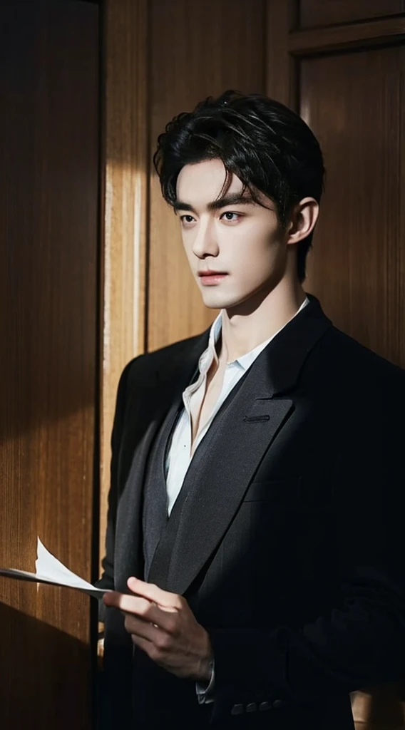 One Person, a 25-year-old muscular man, Wear a black suit., Soft lighting, Masterpiece, Best Quality, 8k ultra high definition, DSLR Camera, ((Handsome))